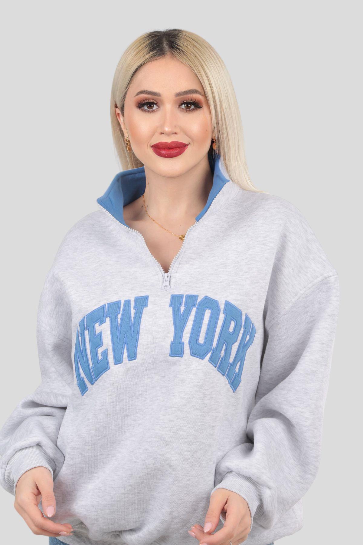 Gri New York Baskılı Fermuarlı Sweat 3623 - 2