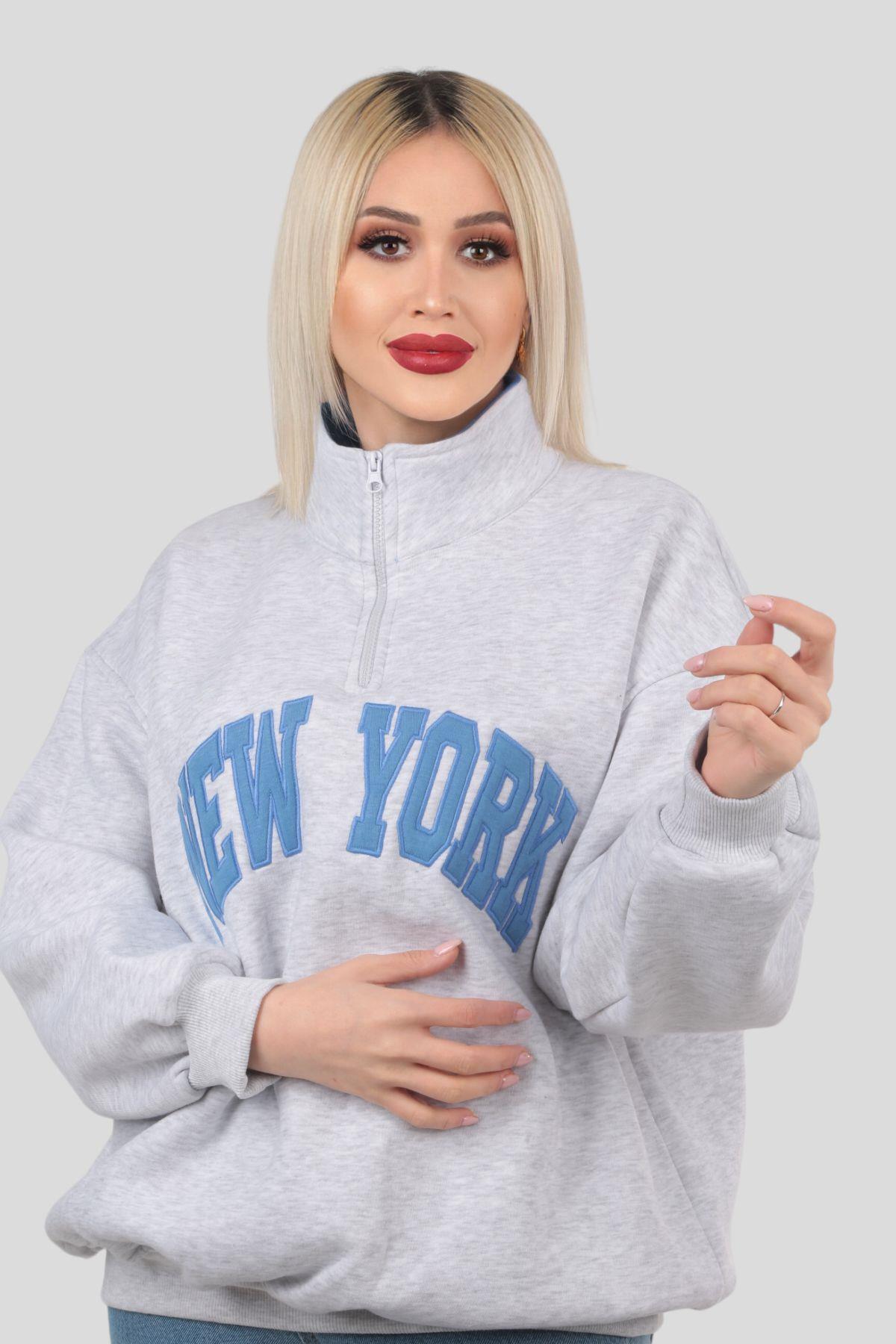 Gri New York Baskılı Fermuarlı Sweat 3623 - 3