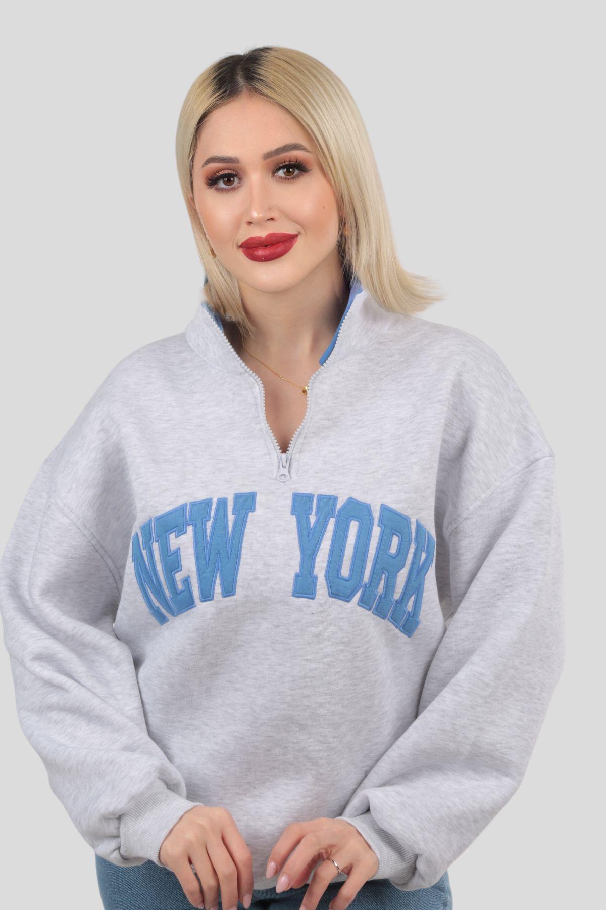 Gri New York Baskılı Fermuarlı Sweat 3623 - 4