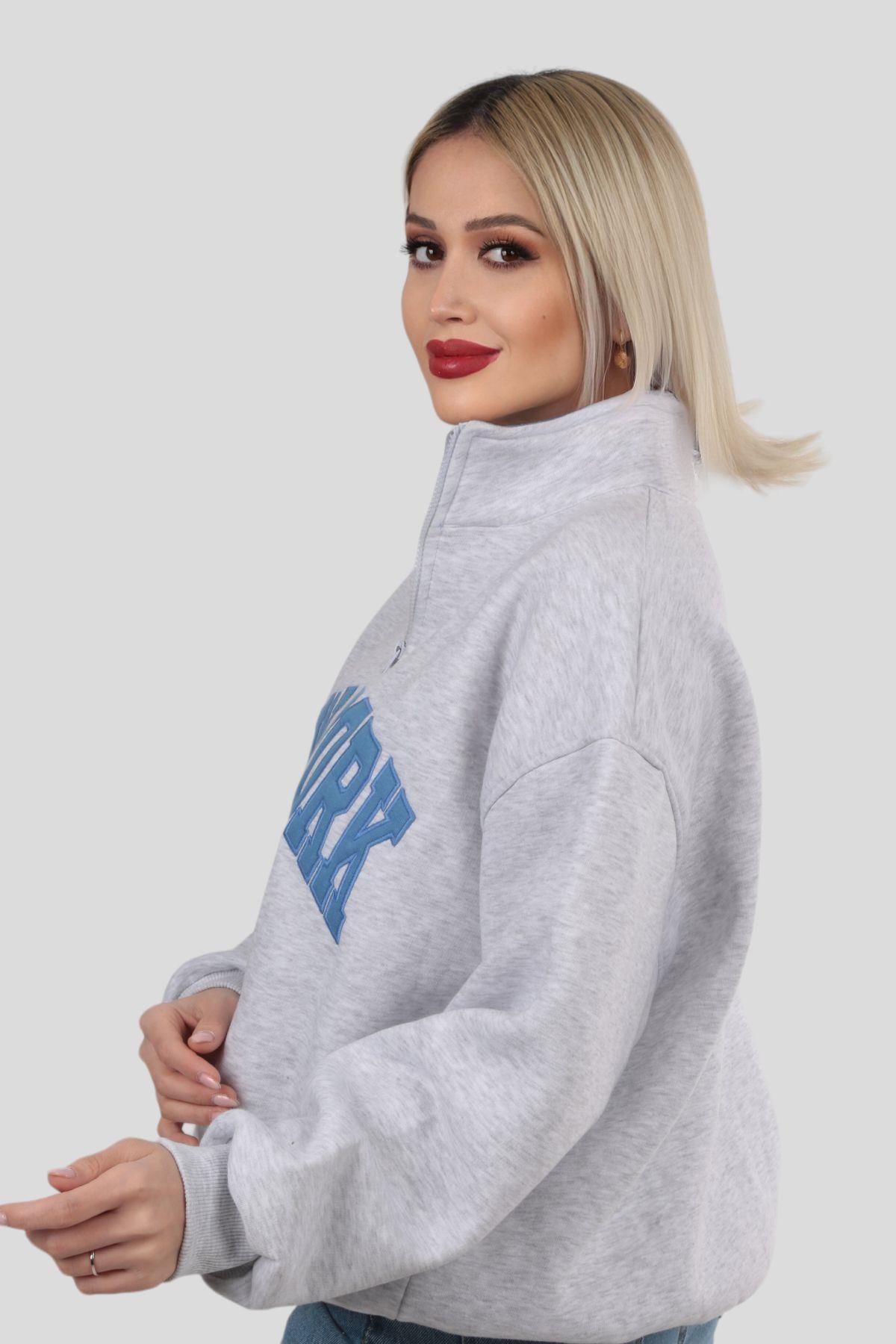 Gri New York Baskılı Fermuarlı Sweat 3623 - 5