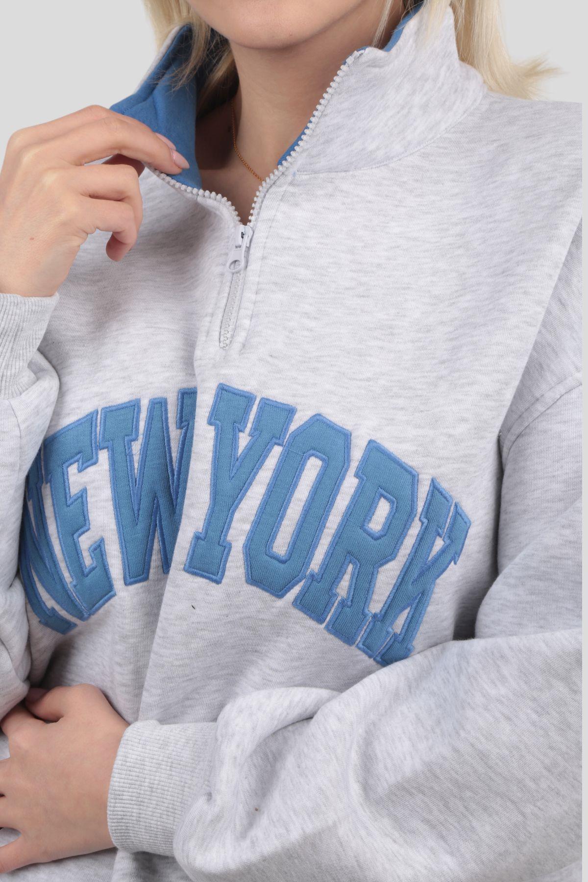 Gri New York Baskılı Fermuarlı Sweat 3623 - 6