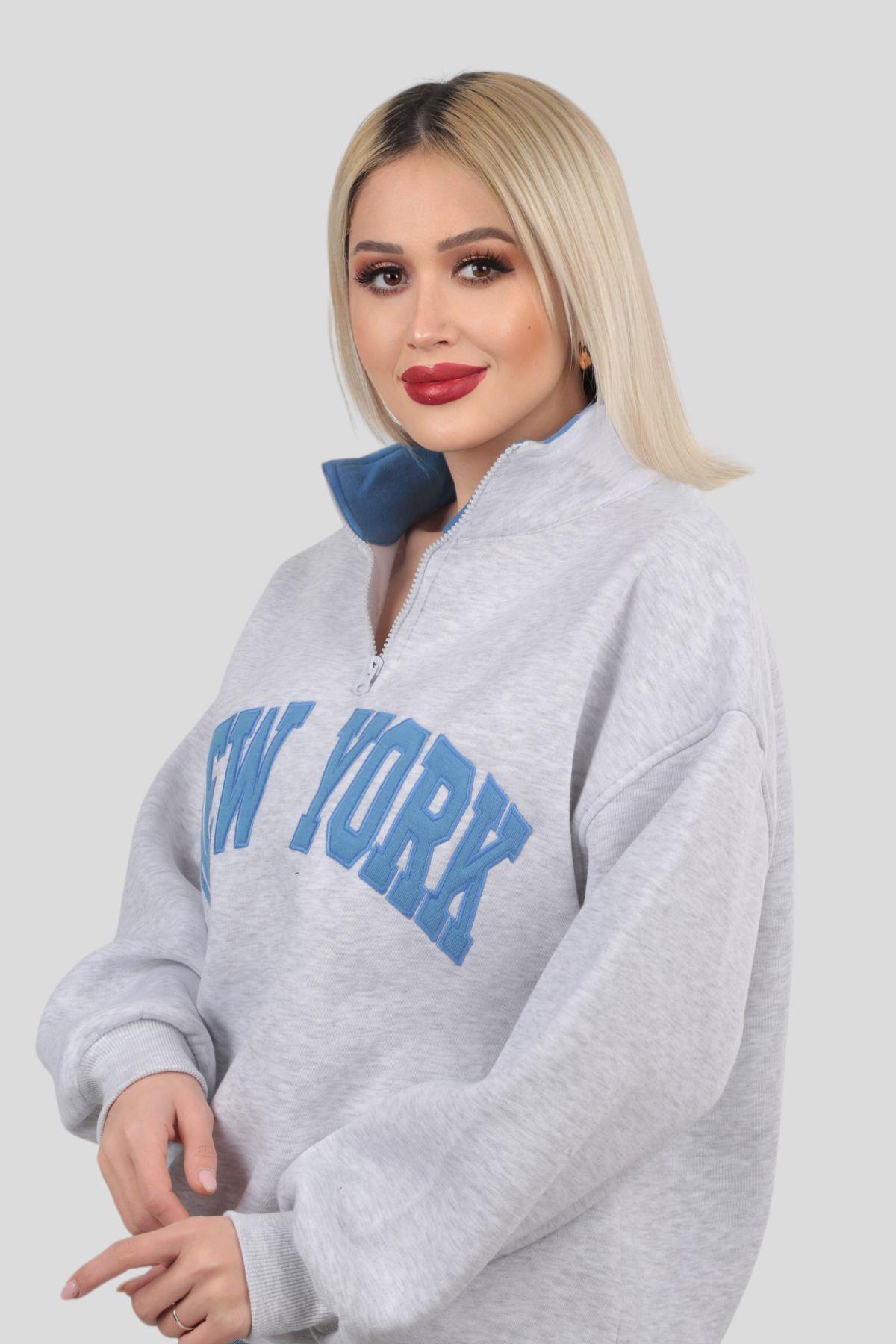 3623 New York Baskılı Fermuarlı Sweat Gri 
