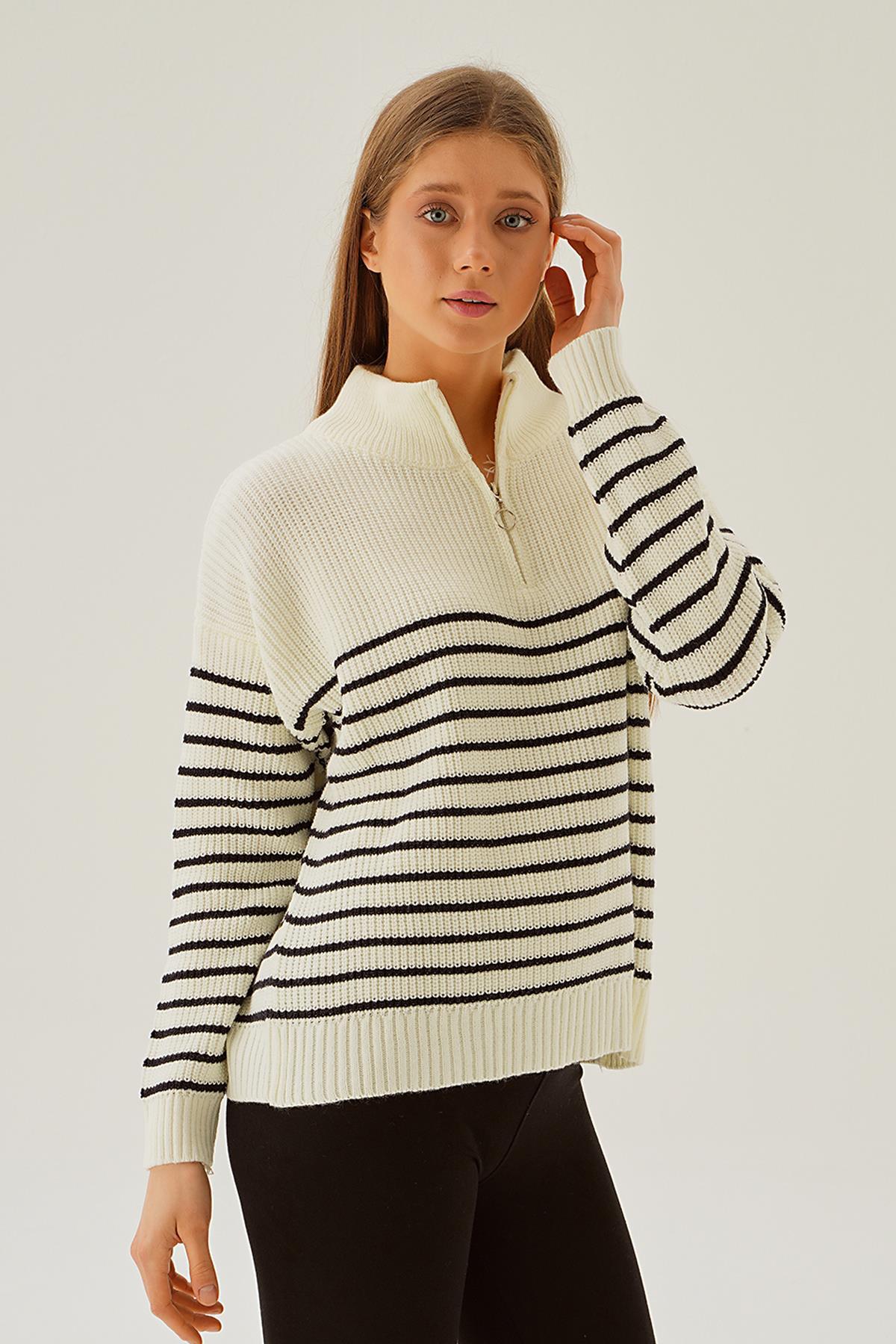 3625 Yaka Fermuar Detay Kazak Kemik - 1