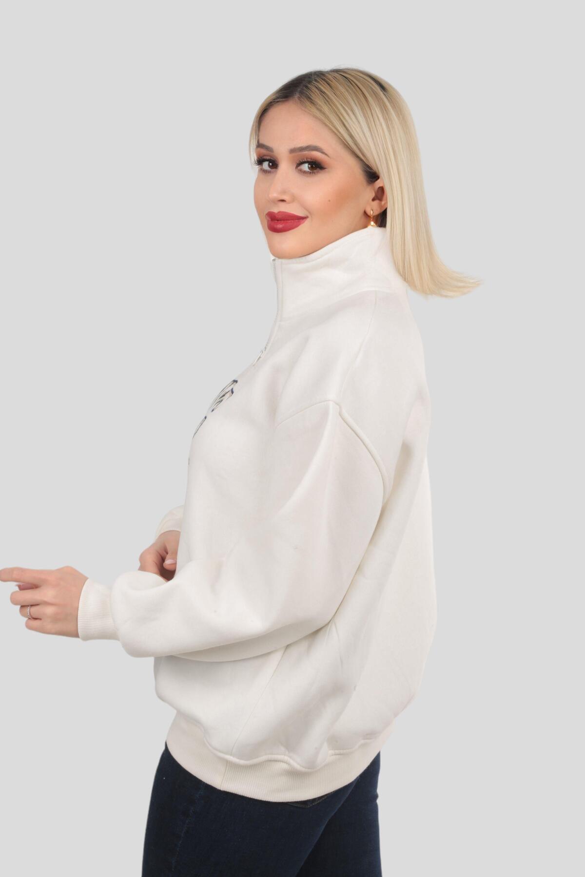 3665 Fermuarlı NYC Nakış Sweat Ekru - 5