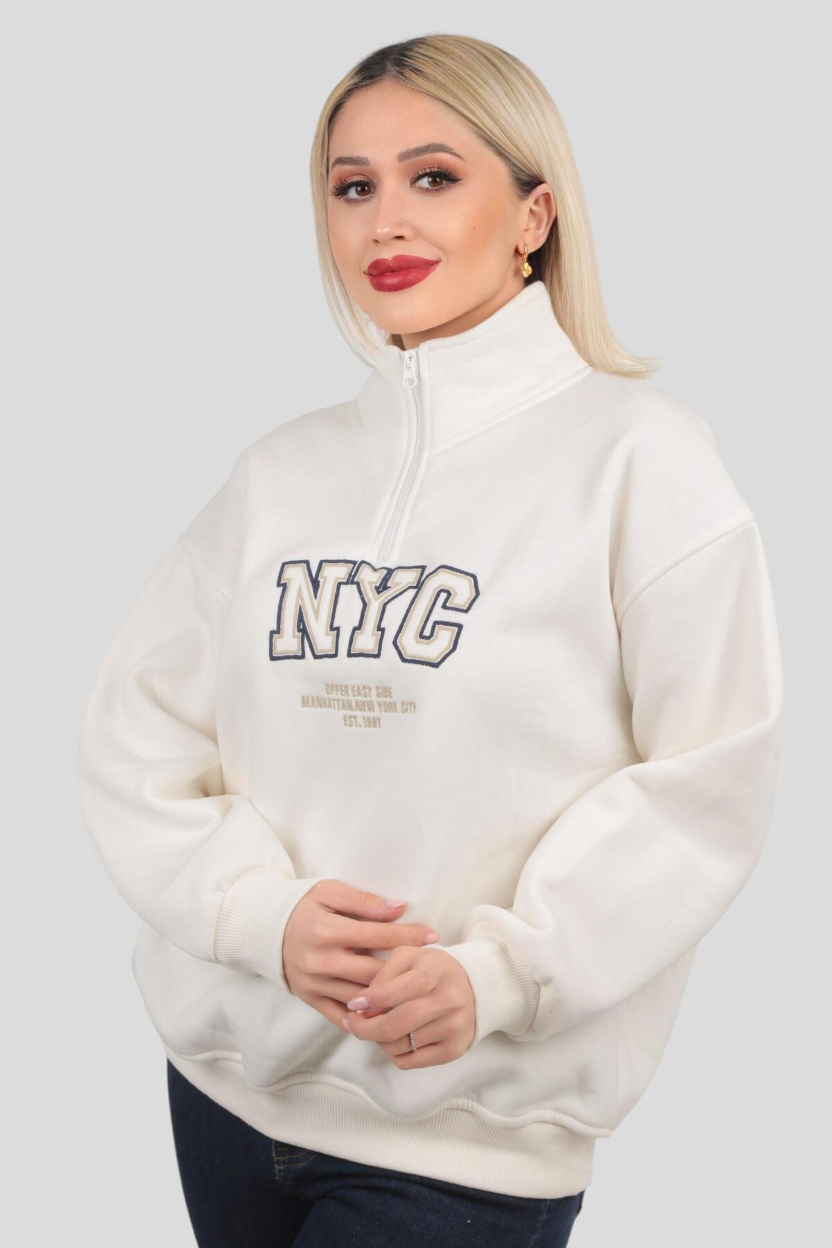 3665 Fermuarlı NYC Nakış Sweat Ekru - 3