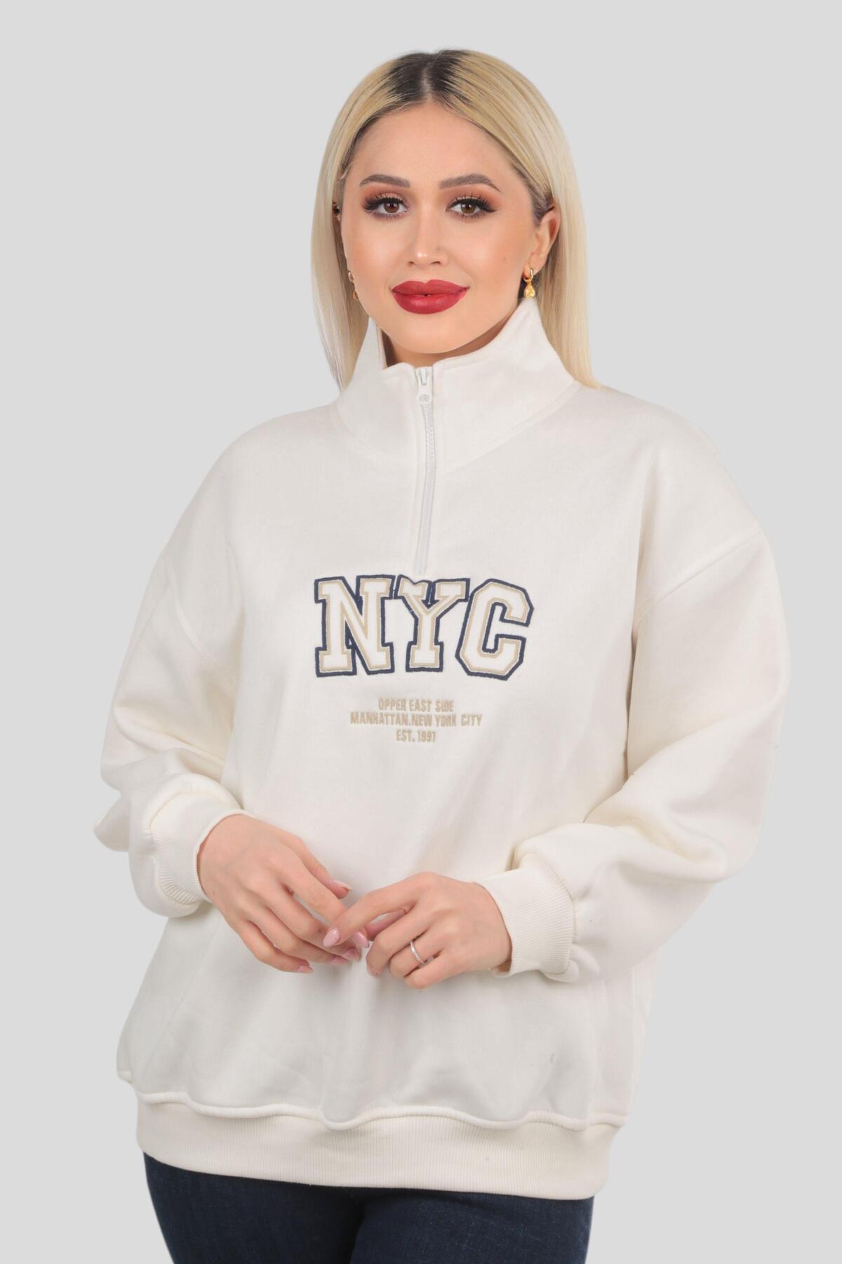 3665 Fermuarlı NYC Nakış Sweat Ekru - 4