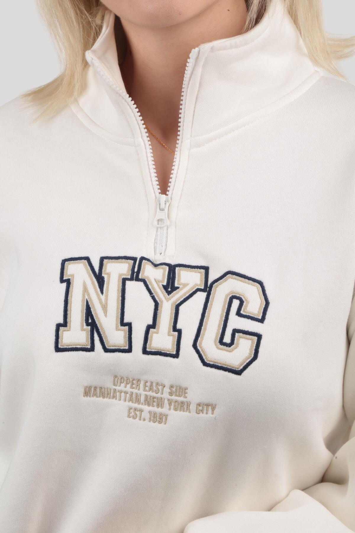 3665 Fermuarlı NYC Nakış Sweat Ekru - 6