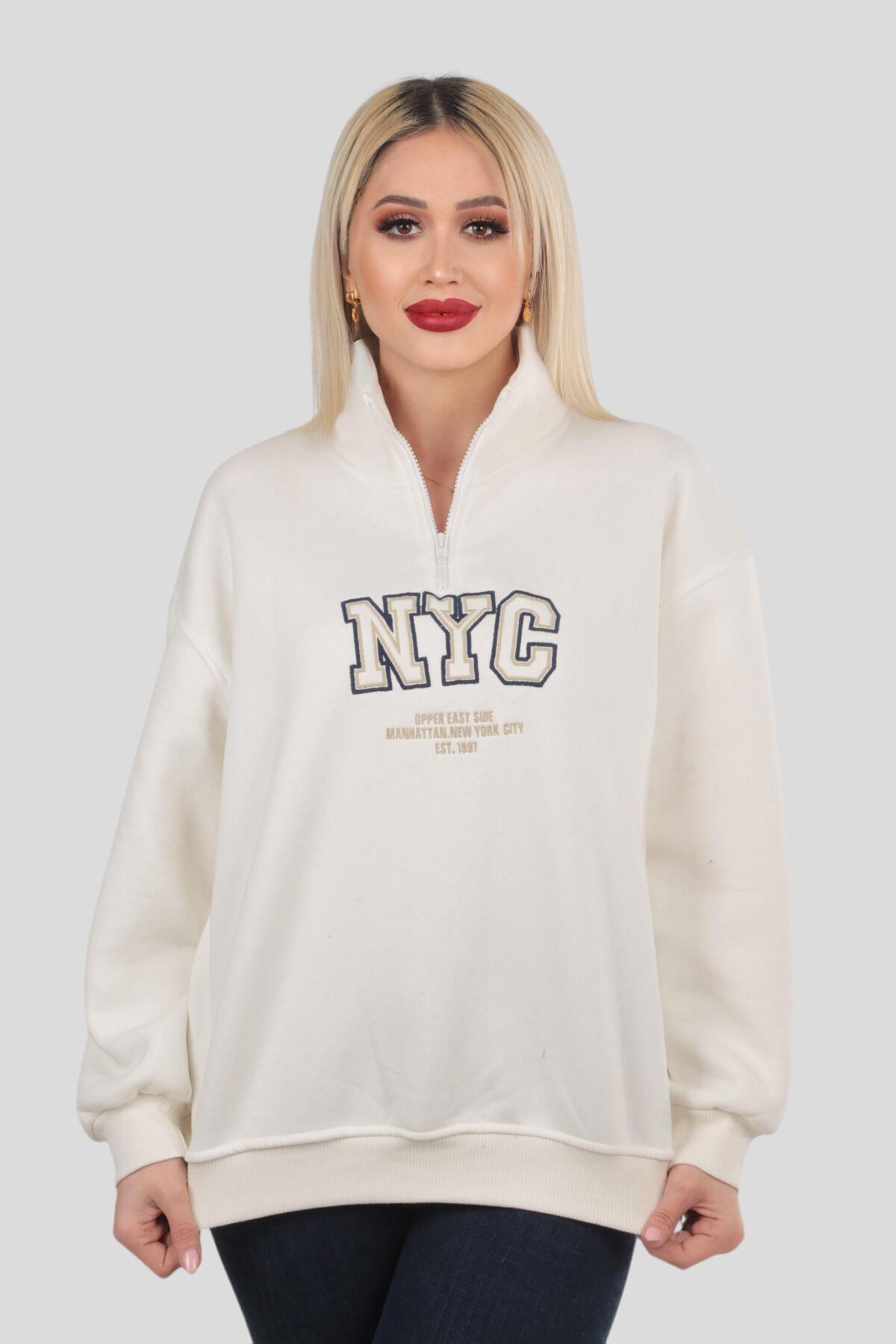 Ekru Fermuarlı NYC Nakış Sweat 3665 