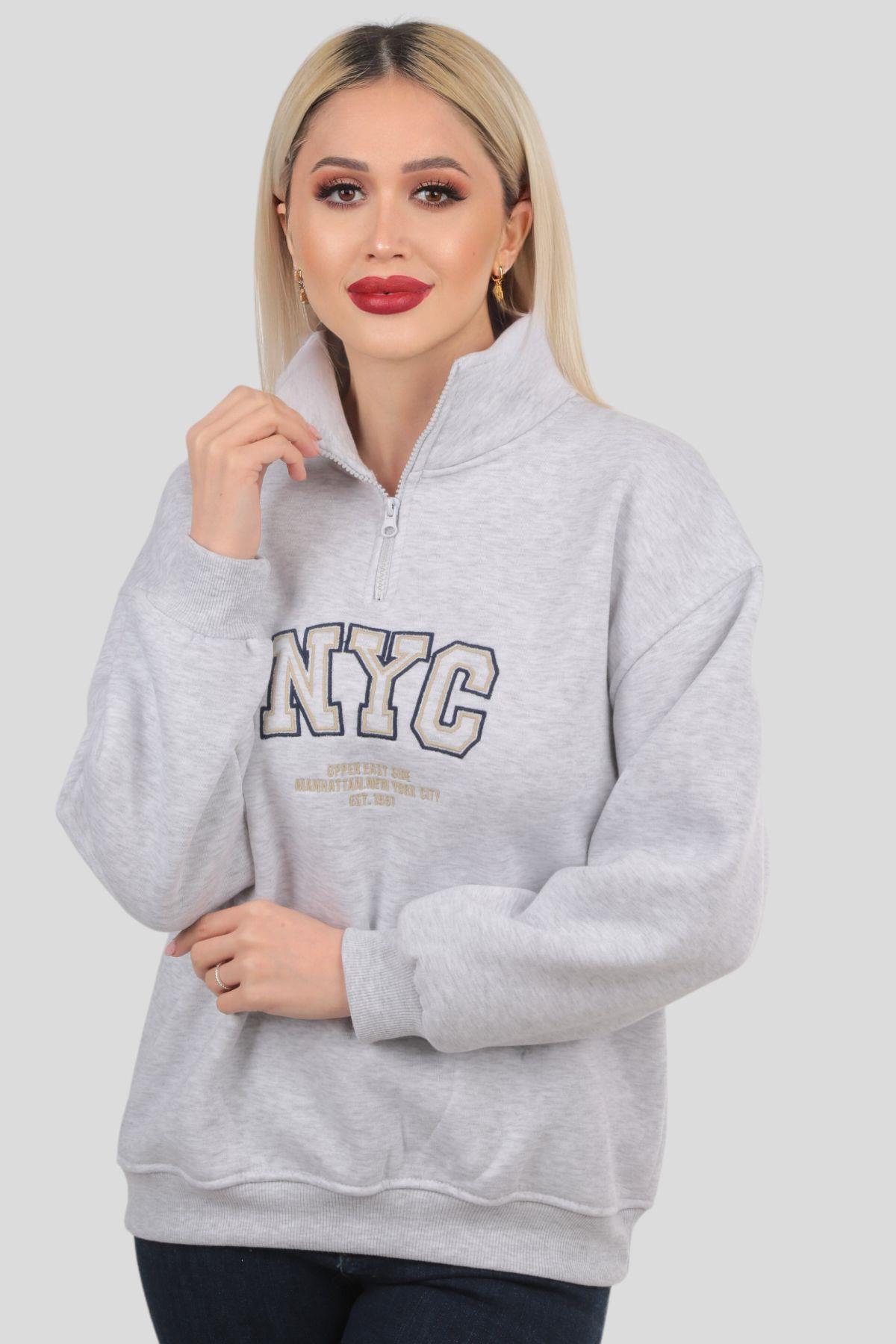3665 Fermuarlı NYC Nakış Sweat Gri - 6