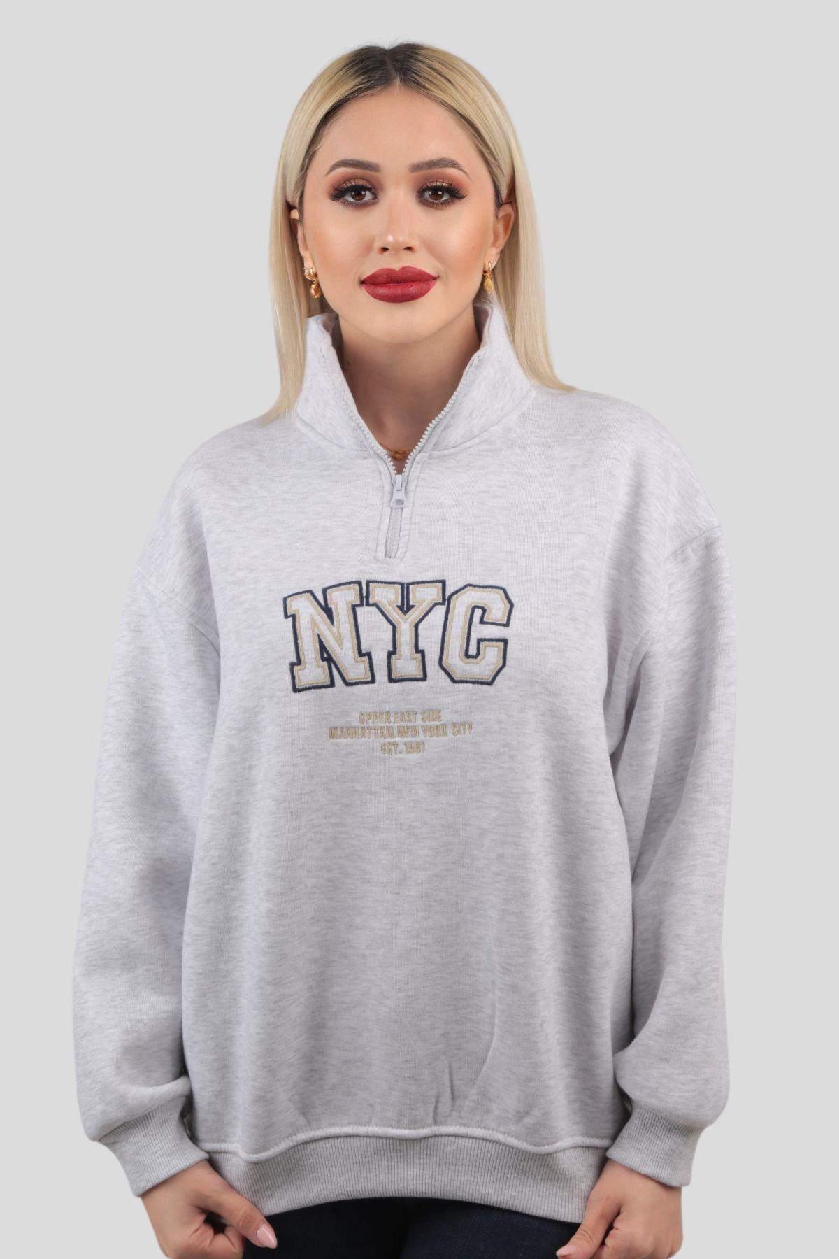 3665 Fermuarlı NYC Nakış Sweat Gri 
