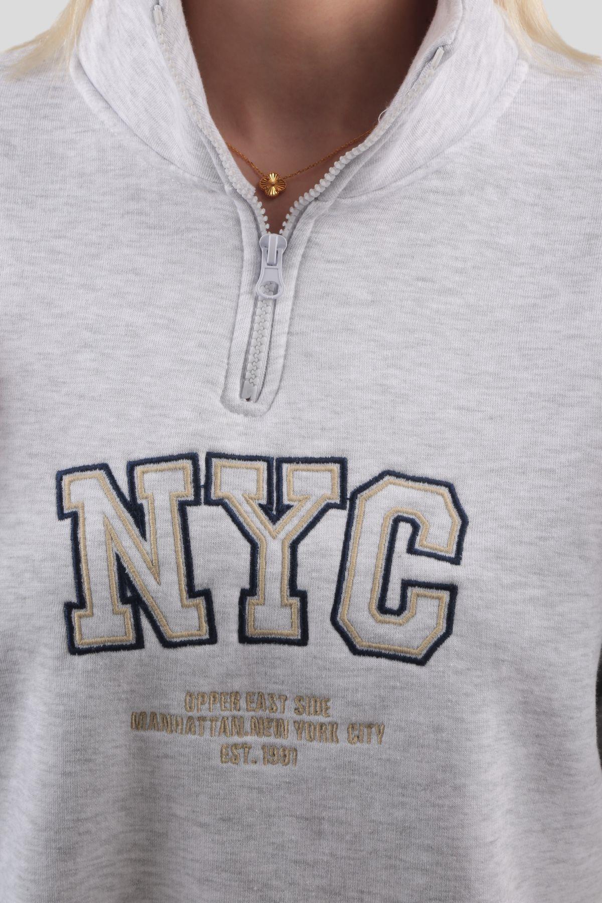 Gri Fermuarlı NYC Nakış Sweat 3665 - 2