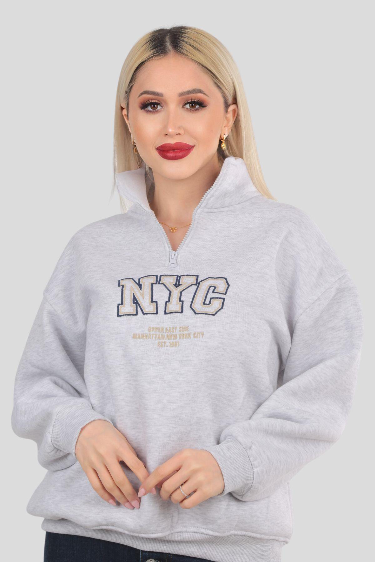 Gri Fermuarlı NYC Nakış Sweat 3665 - 4