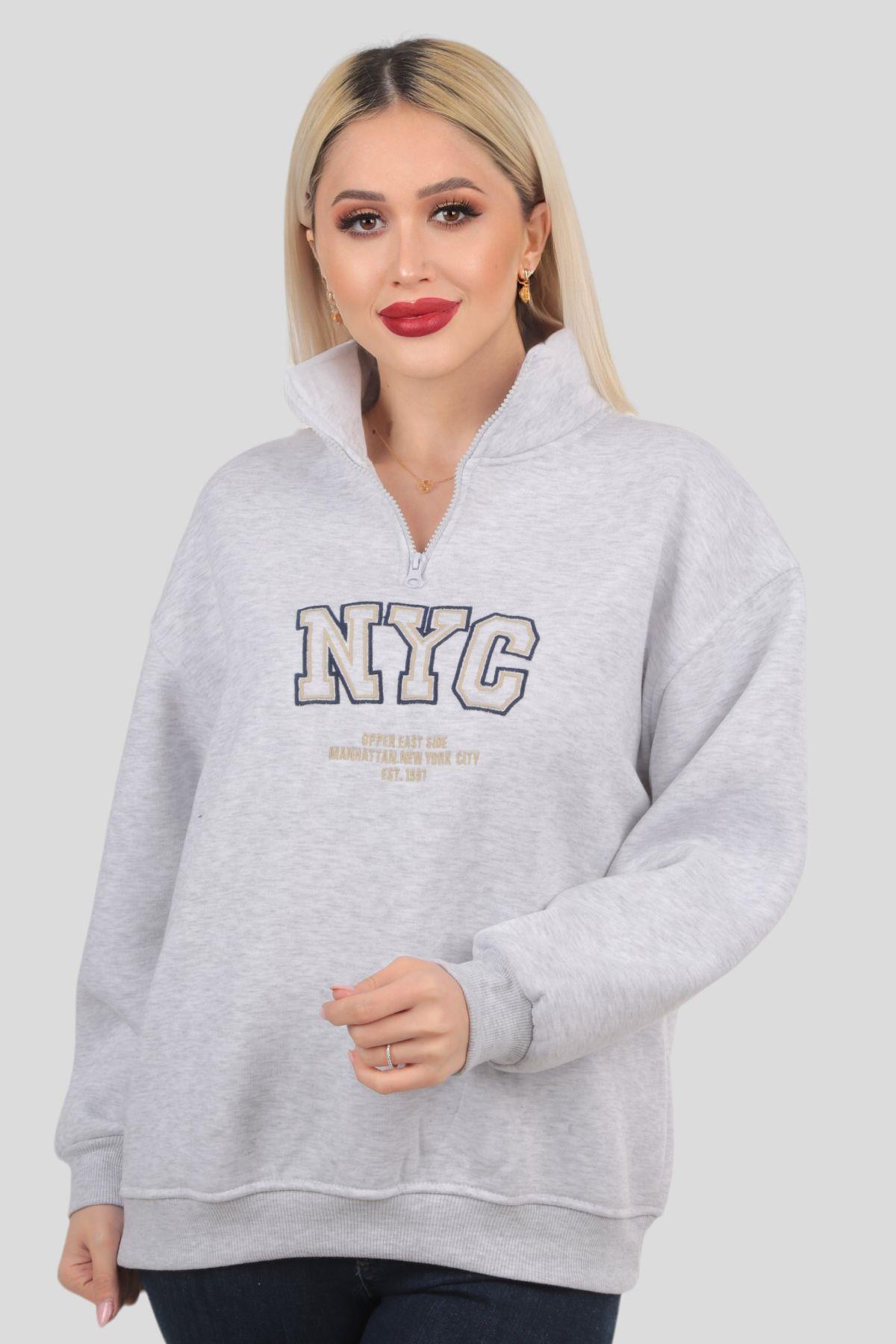 Gri Fermuarlı NYC Nakış Sweat 3665 - 5