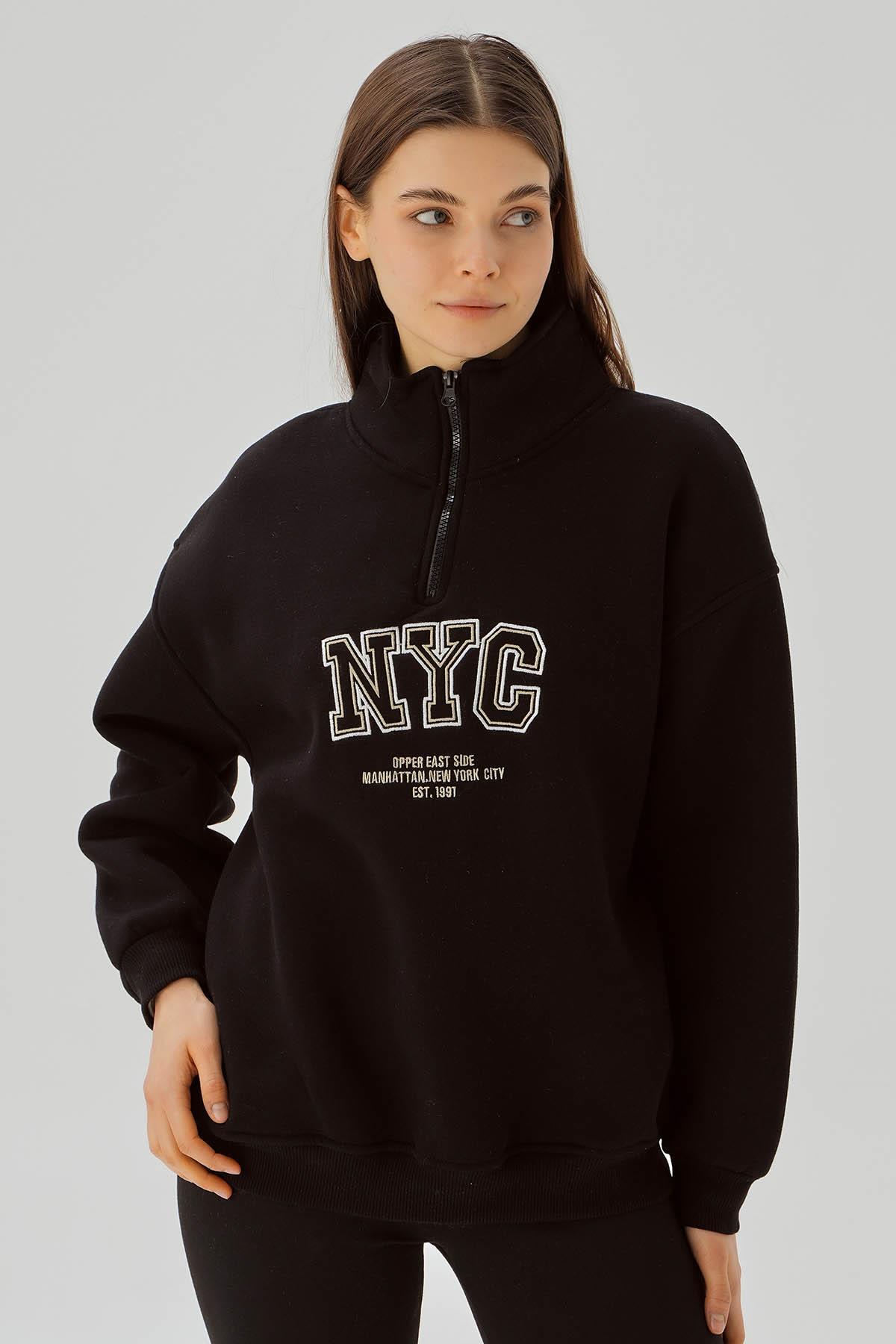 3665 Fermuarlı NYC Nakış Sweat Siyah 