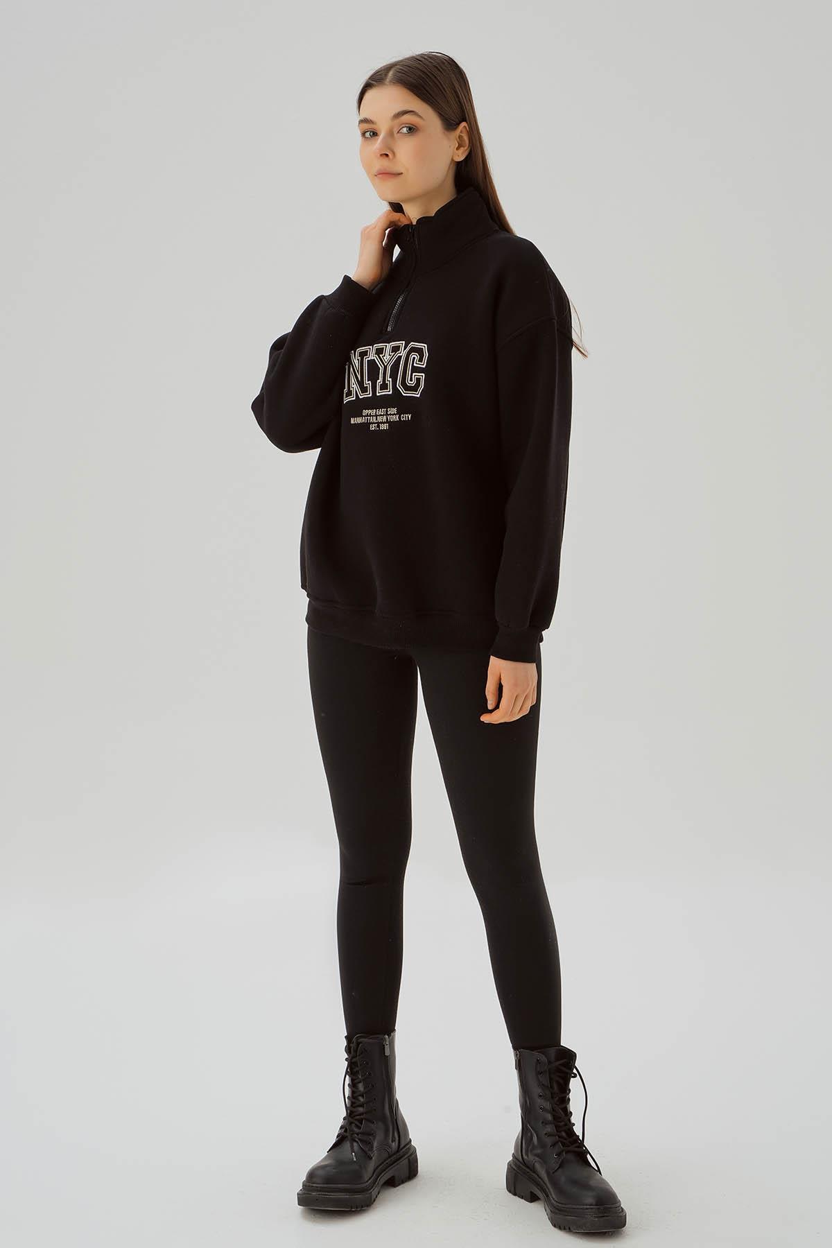 3665 Fermuarlı NYC Nakış Sweat Siyah - 2