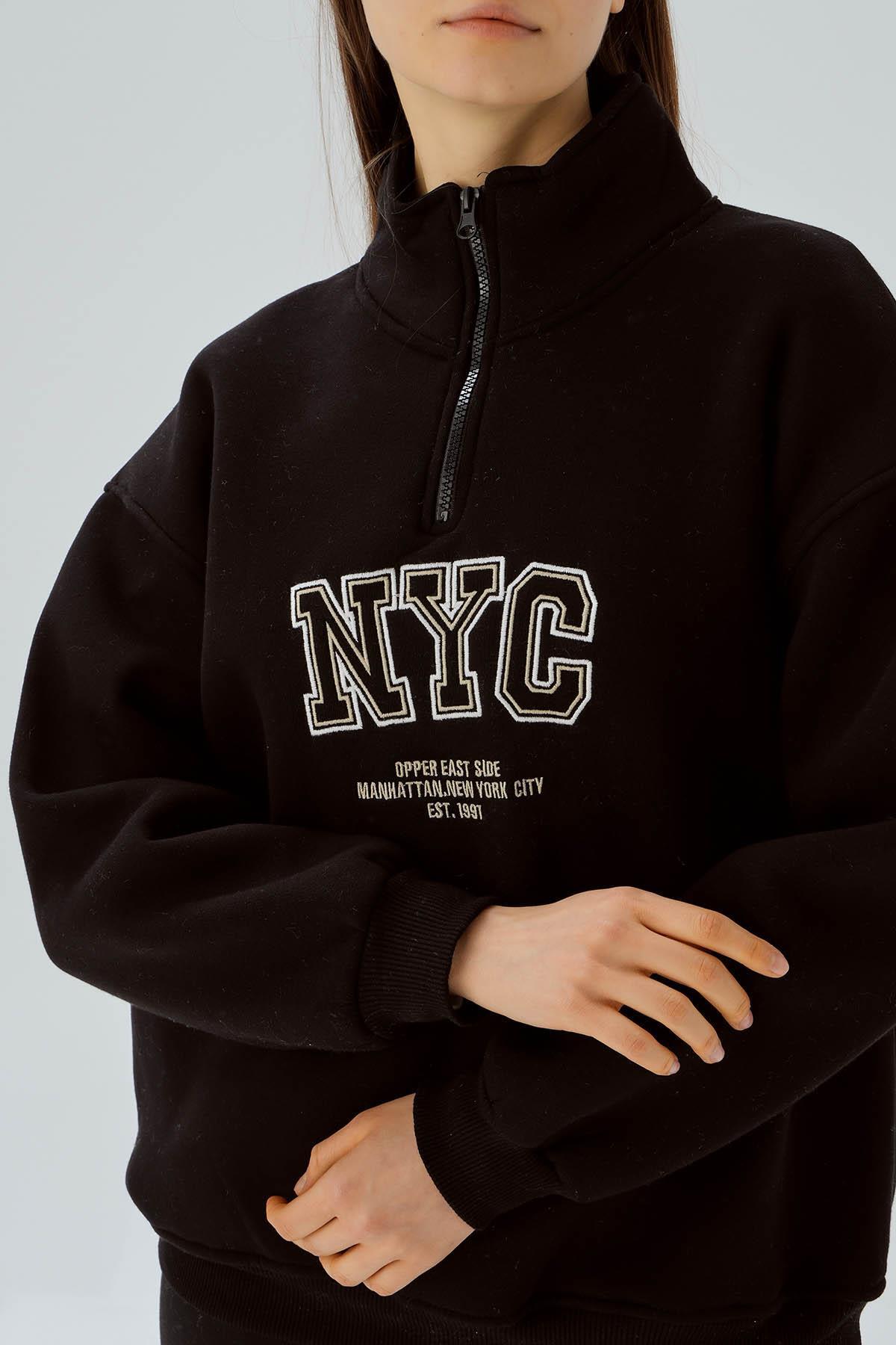 3665 Fermuarlı NYC Nakış Sweat Siyah - 6