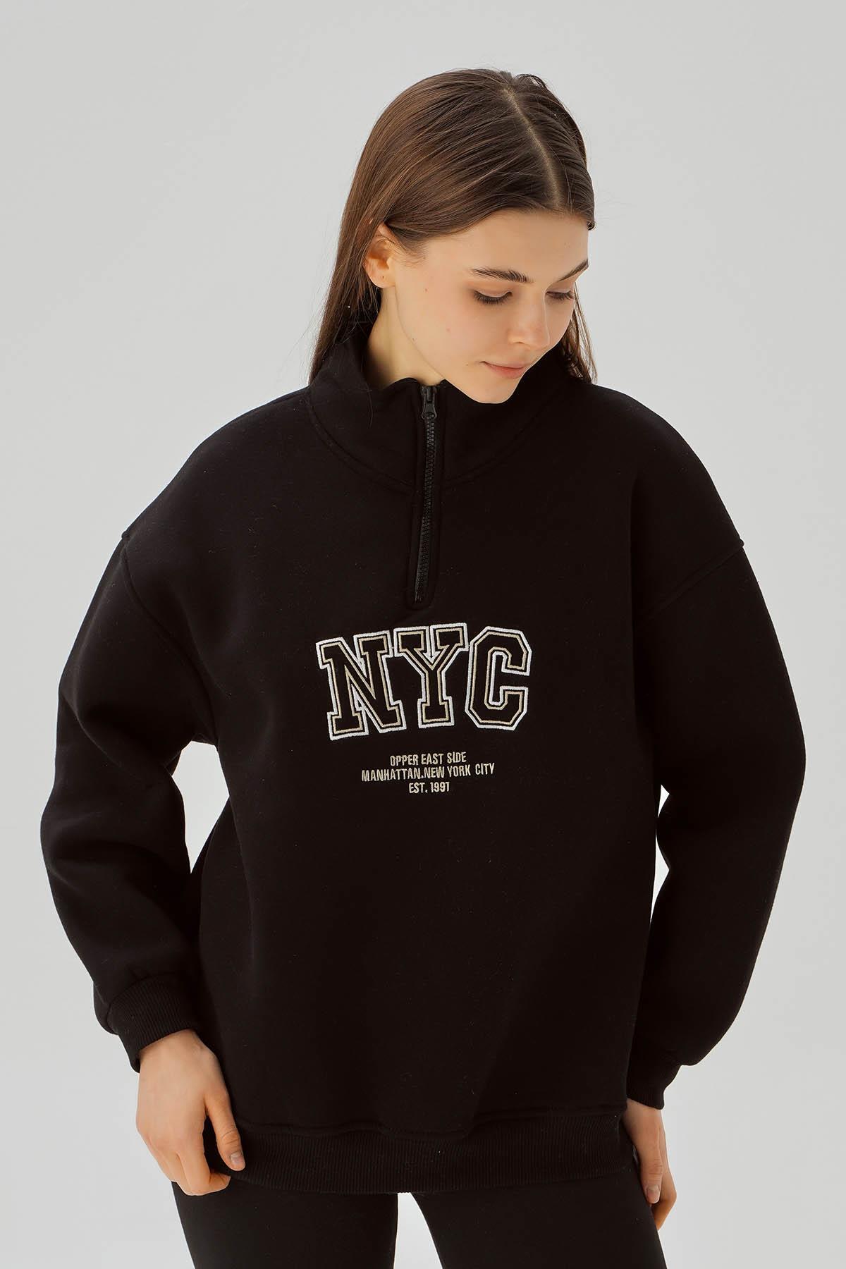 Siyah Fermuarlı NYC Nakış Sweat 3665 - 4