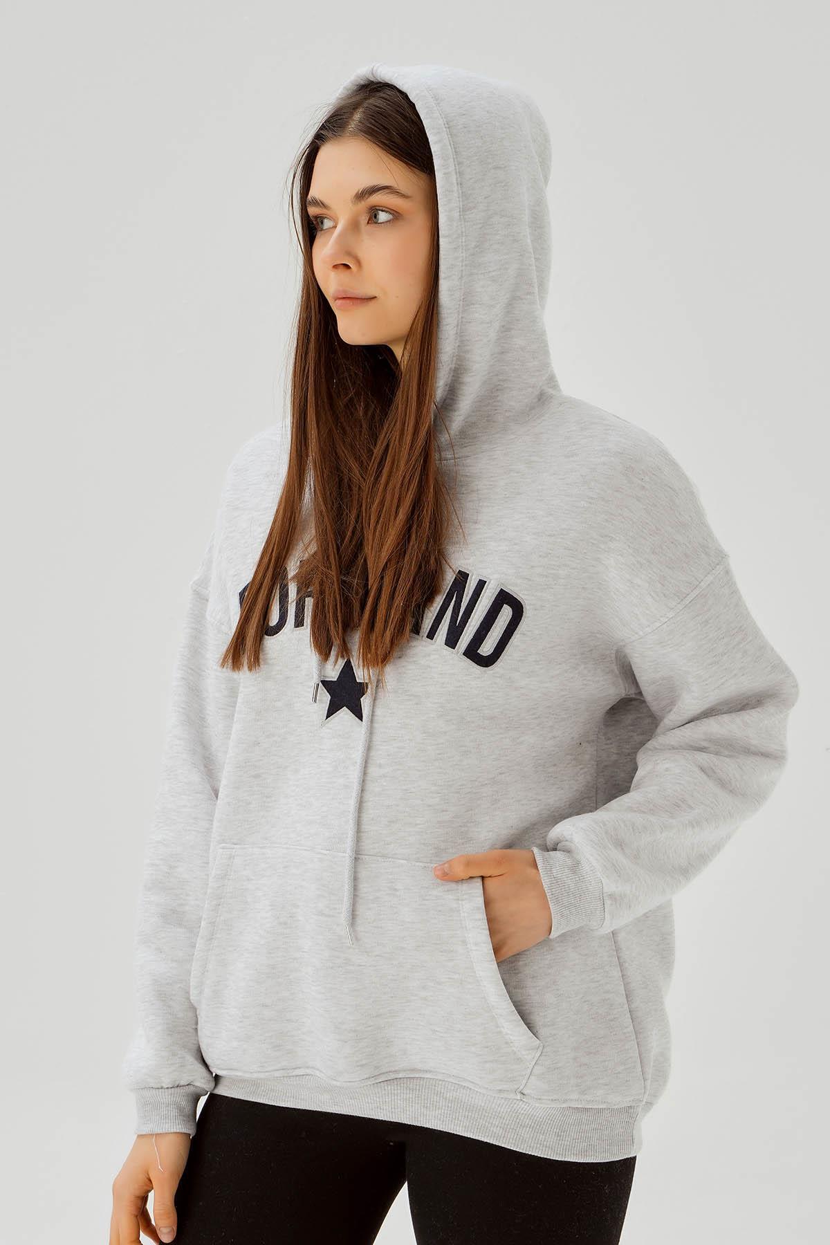 3671 Kapüşonlu Yazı Baskılı Sweat Gri - 4