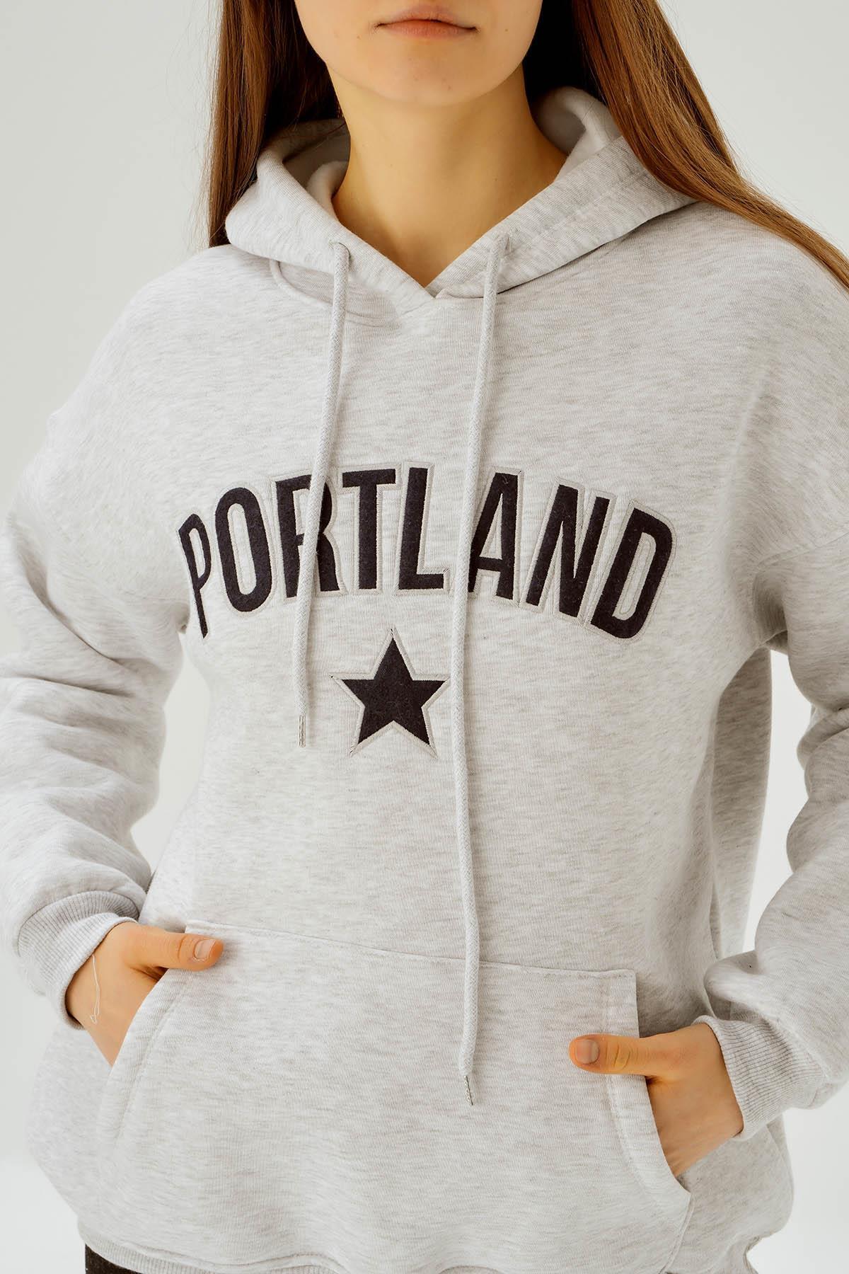 3671 Kapüşonlu Yazı Baskılı Sweat Gri - 6