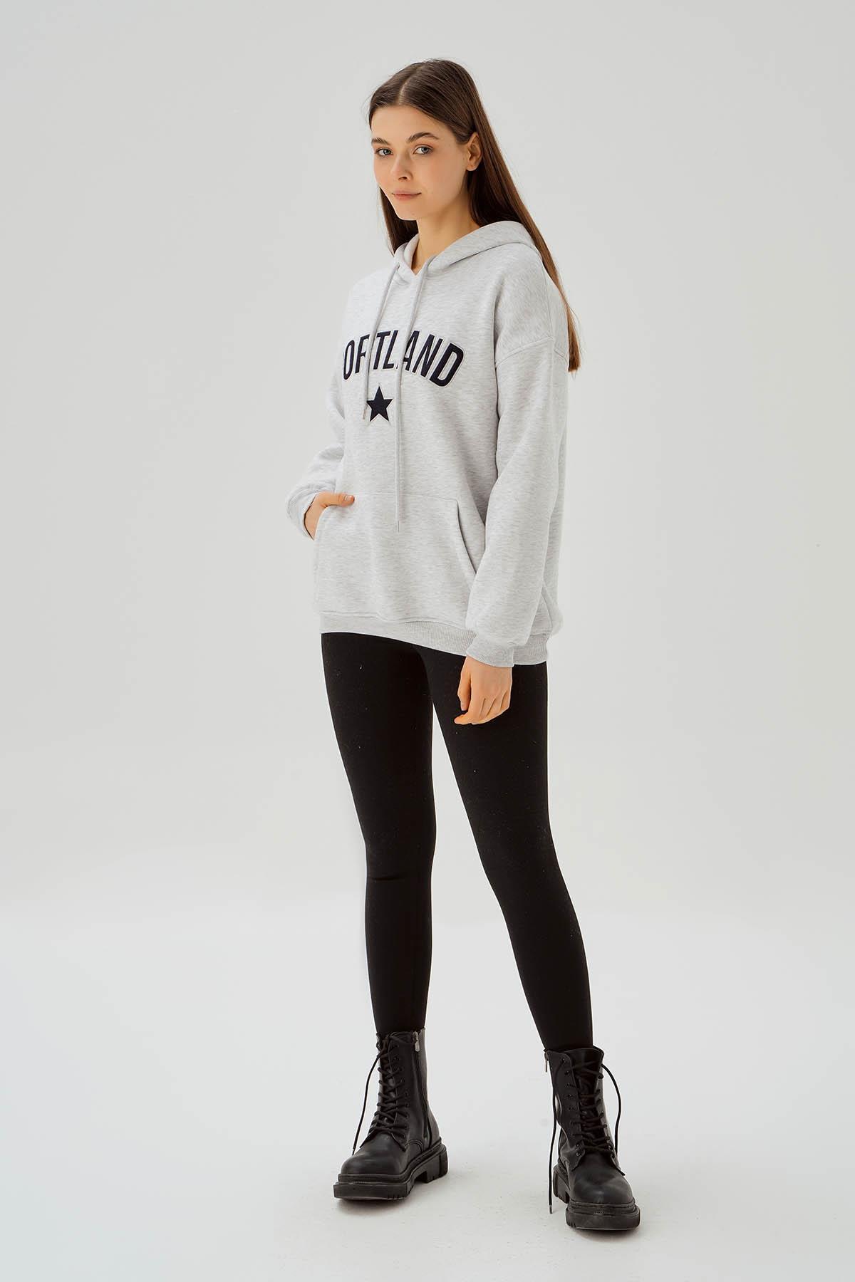 Gri Kapüşonlu Yazı Baskılı Sweat 3671 - 2