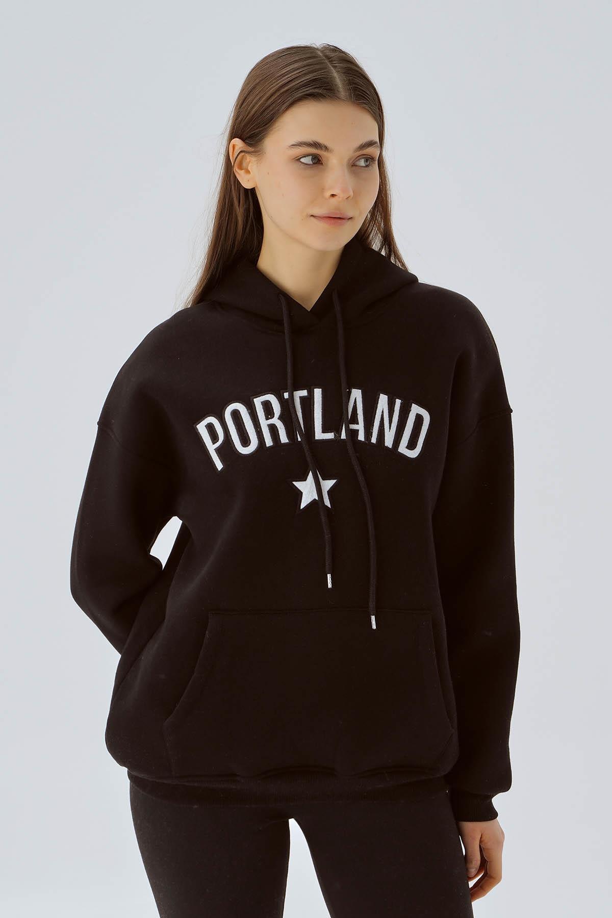 Siyah Kapüşonlu Yazı Baskılı Sweat 3671 - 1