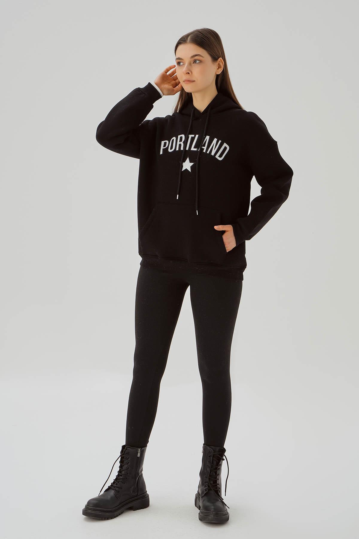 Siyah Kapüşonlu Yazı Baskılı Sweat 3671 - 3