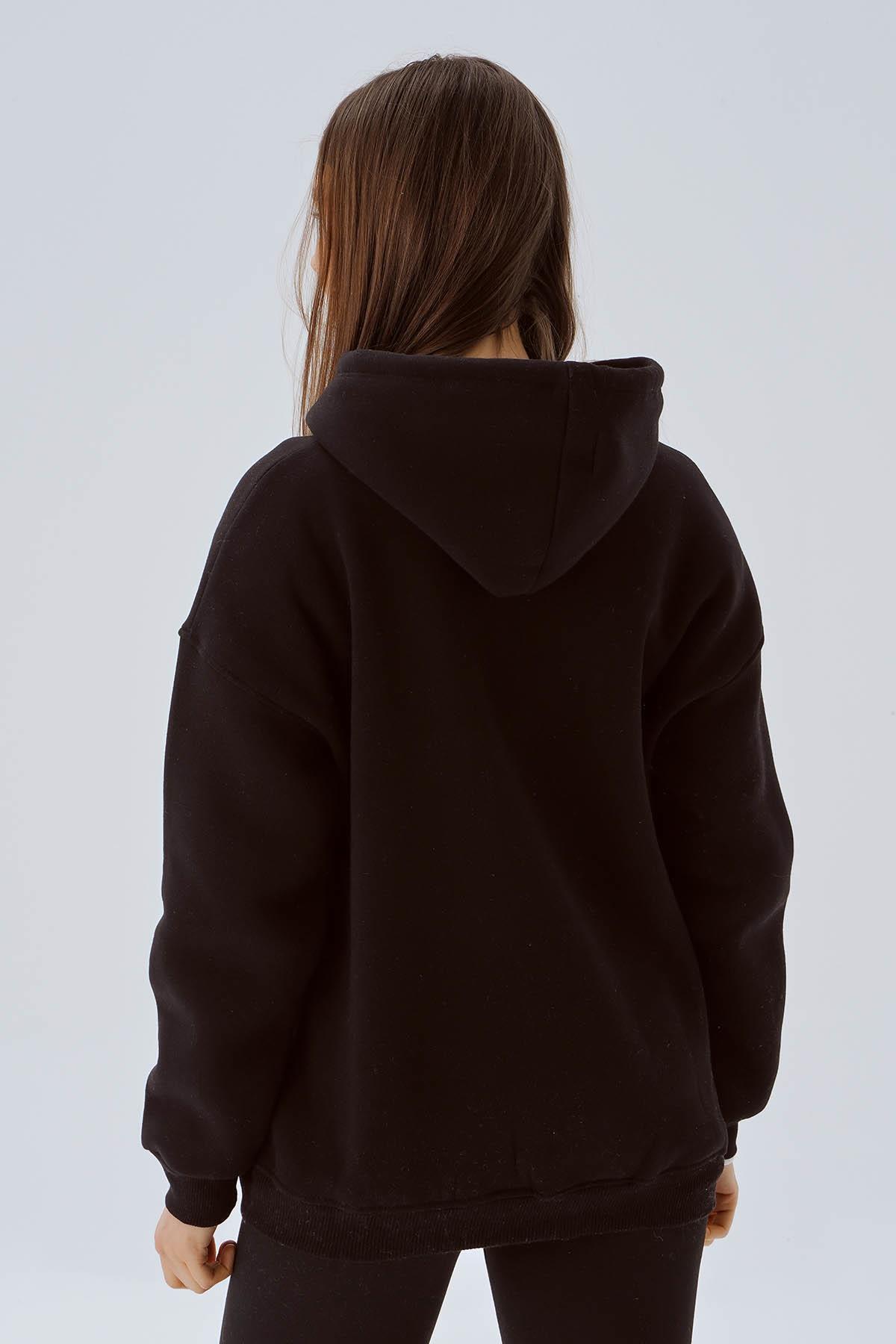 Siyah Kapüşonlu Yazı Baskılı Sweat 3671 - 5