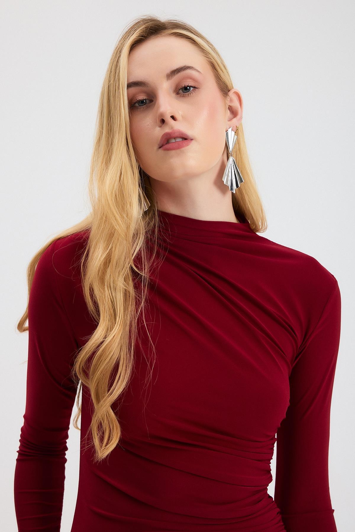 3686 Bel Büzgü Detay Elbise Bordo - RAYS