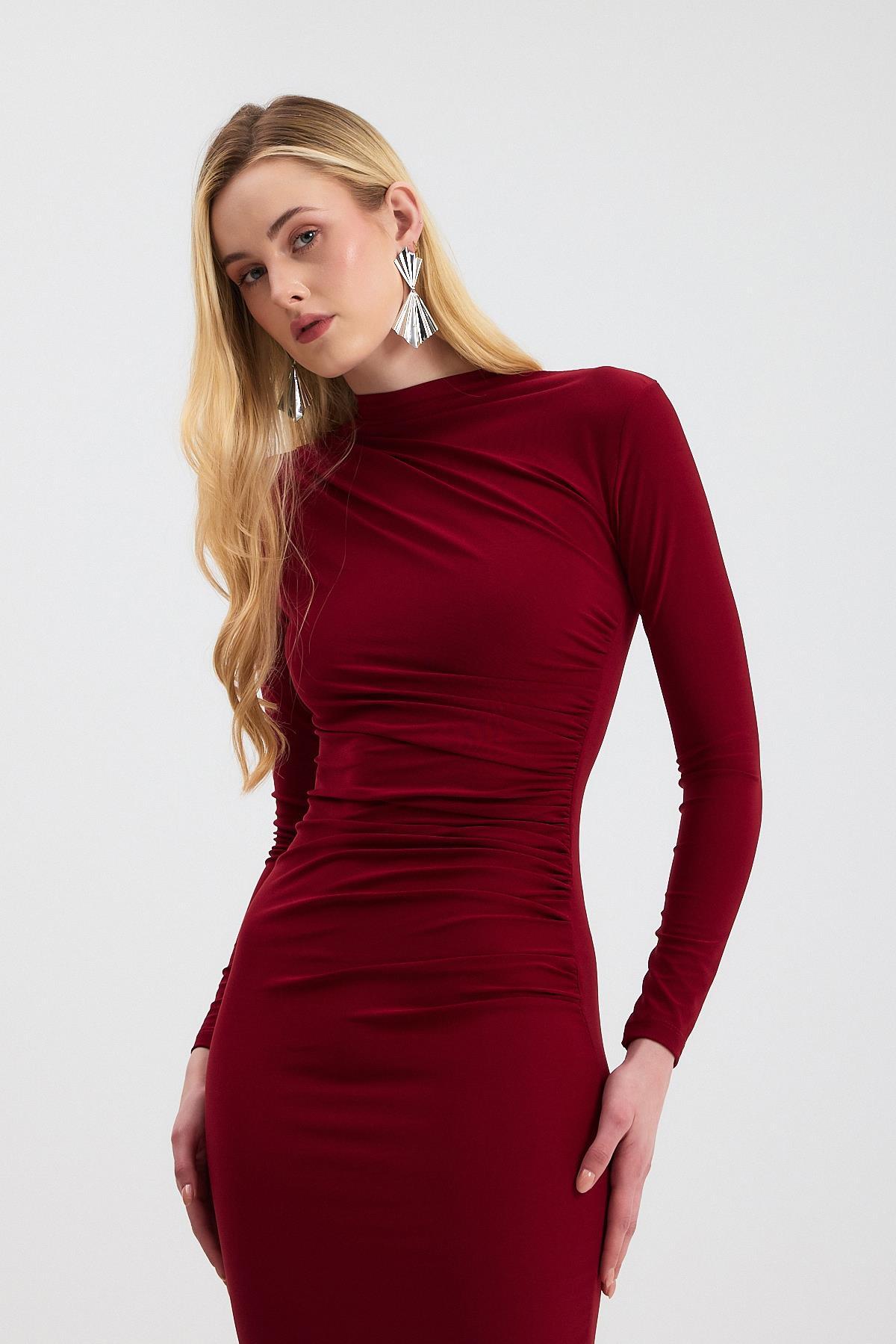 3686 Bel Büzgü Detay Elbise Bordo - 2