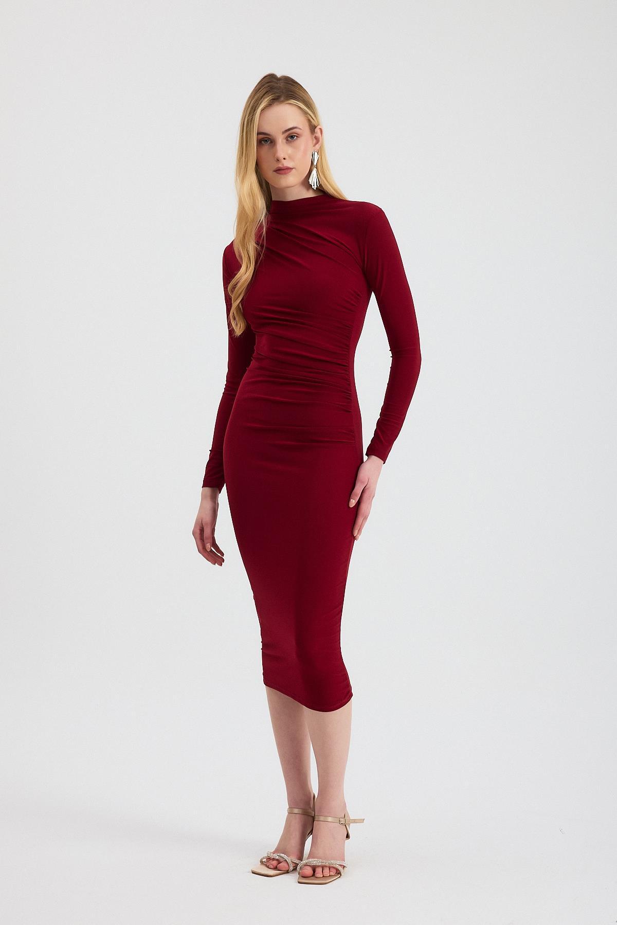 3686 Bel Büzgü Detay Elbise Bordo 