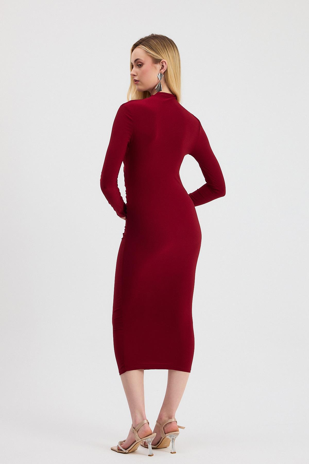 Bordo Bel Büzgü Detay Elbise 3686 - 5