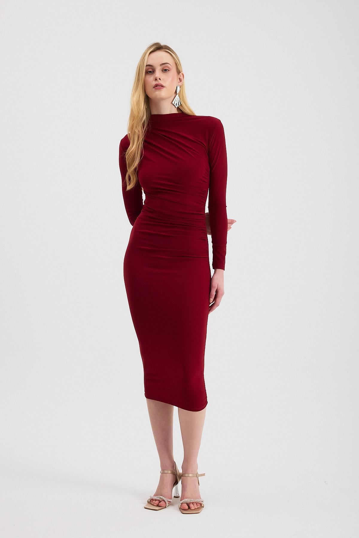 Bordo Bel Büzgü Detay Elbise 3686 - 6