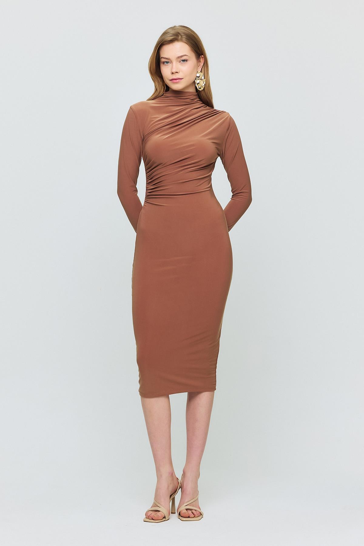 3686 Bel Büzgü Detay Elbise Kahve - 6