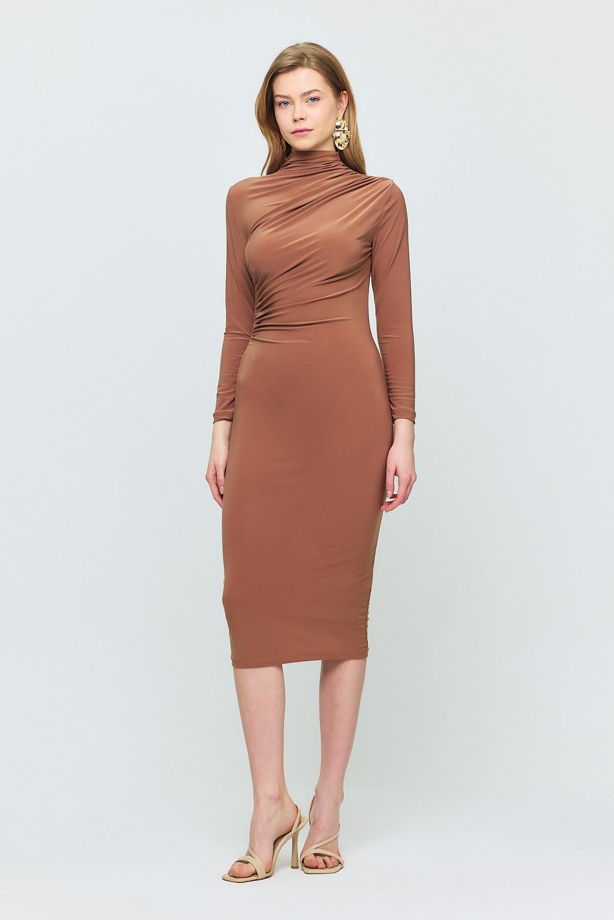 Kahve Bel Büzgü Detay Elbise 3686 - 1