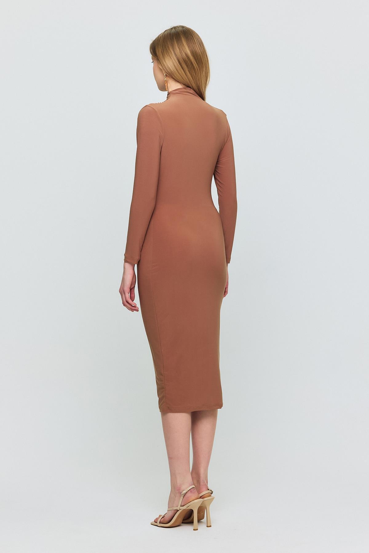 Kahve Bel Büzgü Detay Elbise 3686 - 5