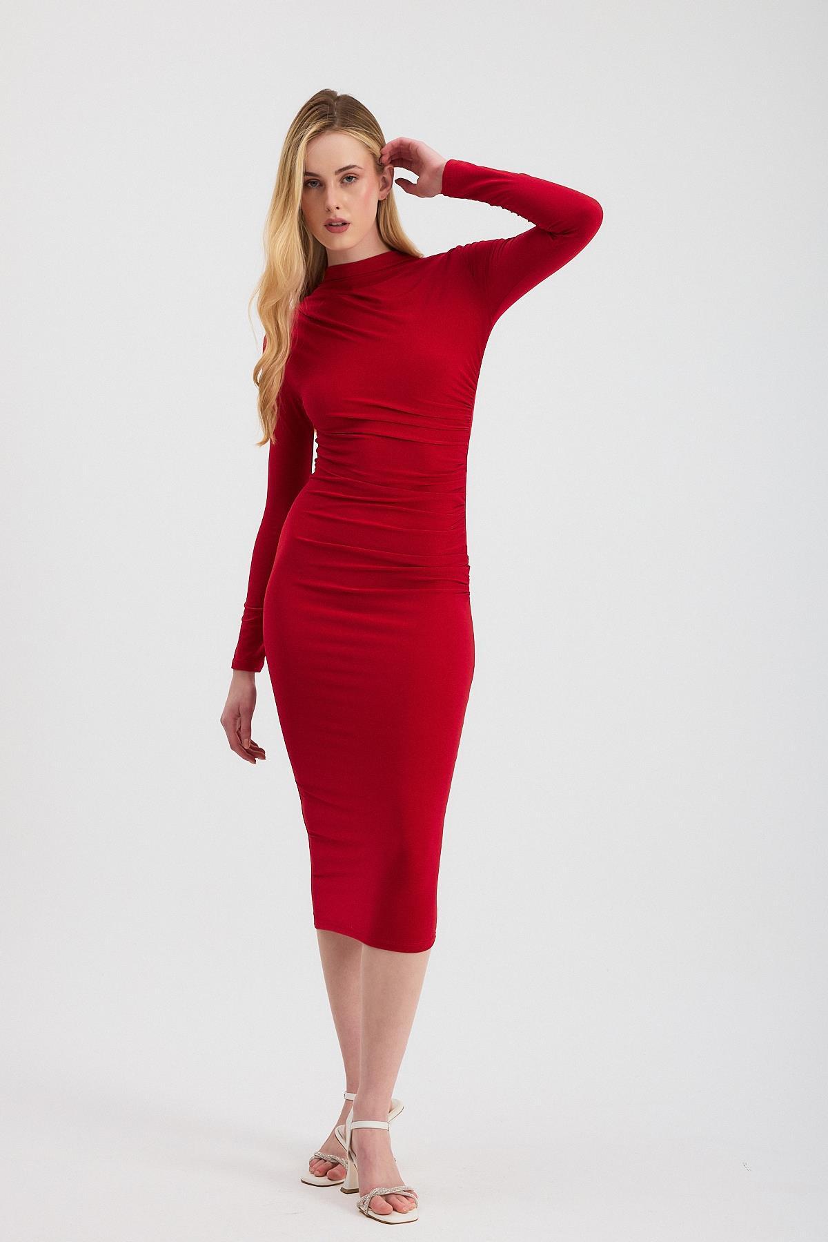 3686 Bel Büzgü Detay Elbise Kırmızı - 7