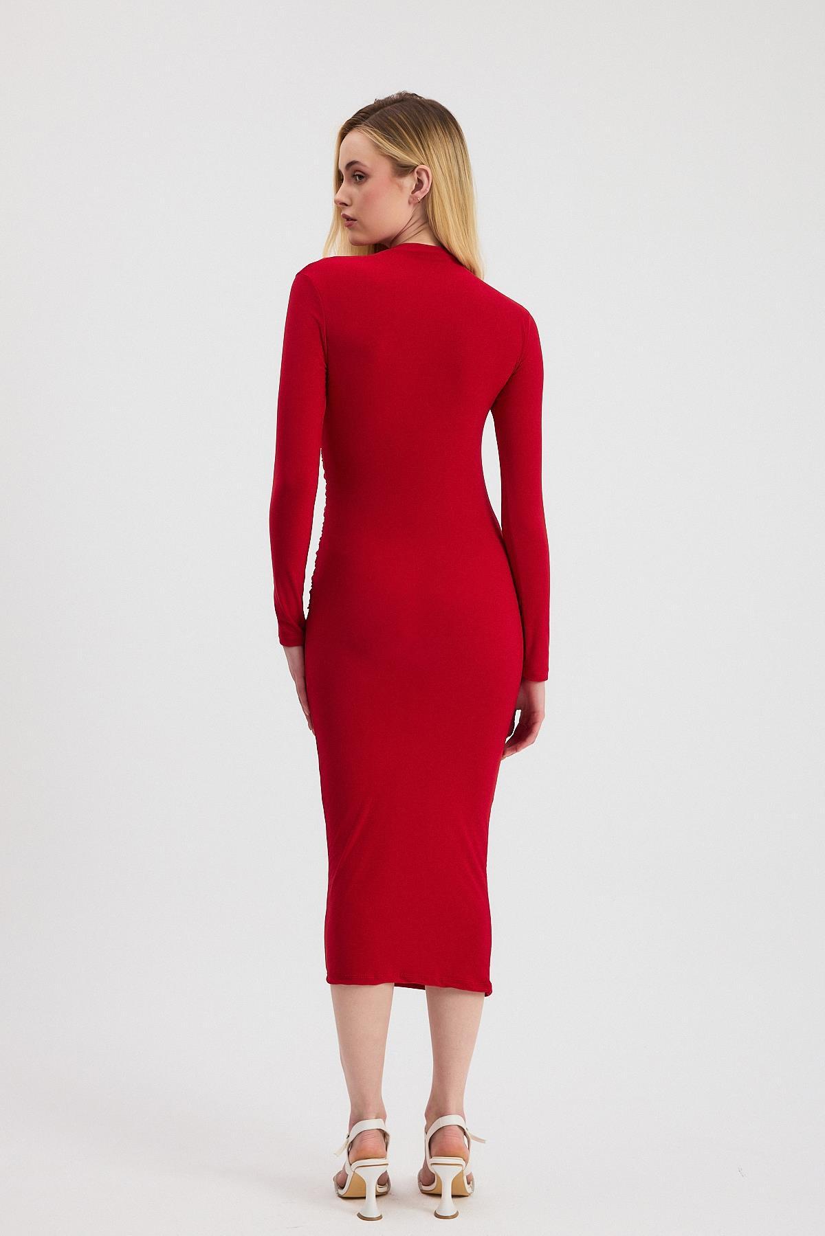 Kırmızı Bel Büzgü Detay Elbise 3686 - 5