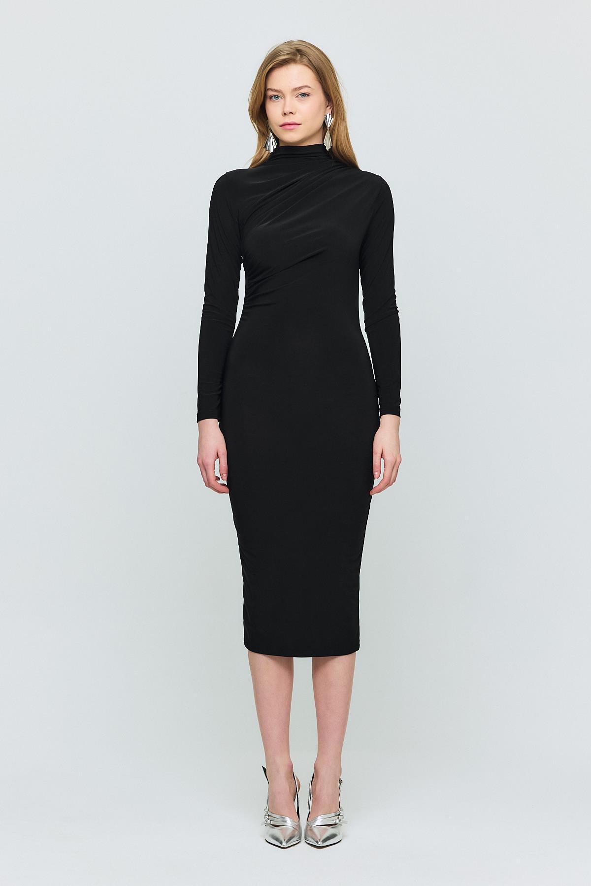 3686 Bel Büzgü Detay Elbise Siyah - RAYS