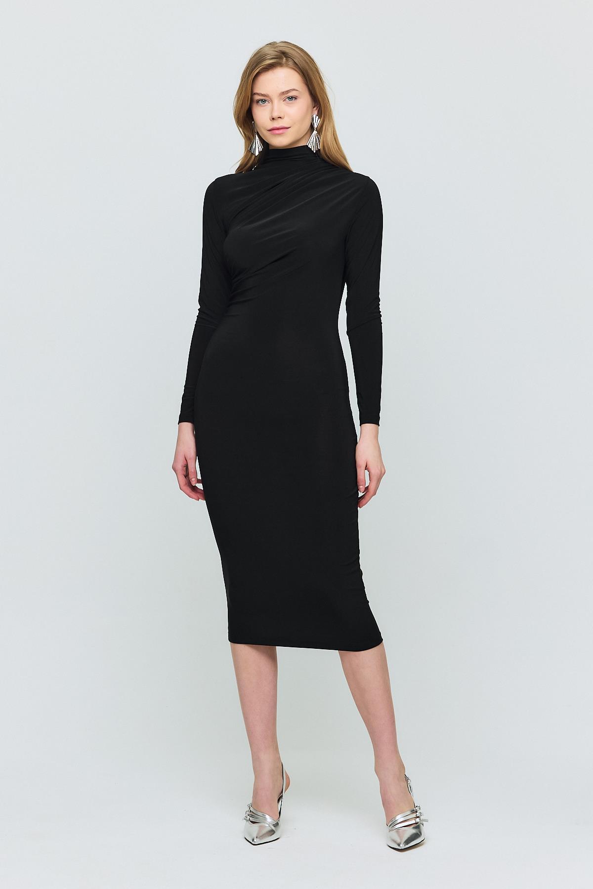 3686 Bel Büzgü Detay Elbise Siyah - 1