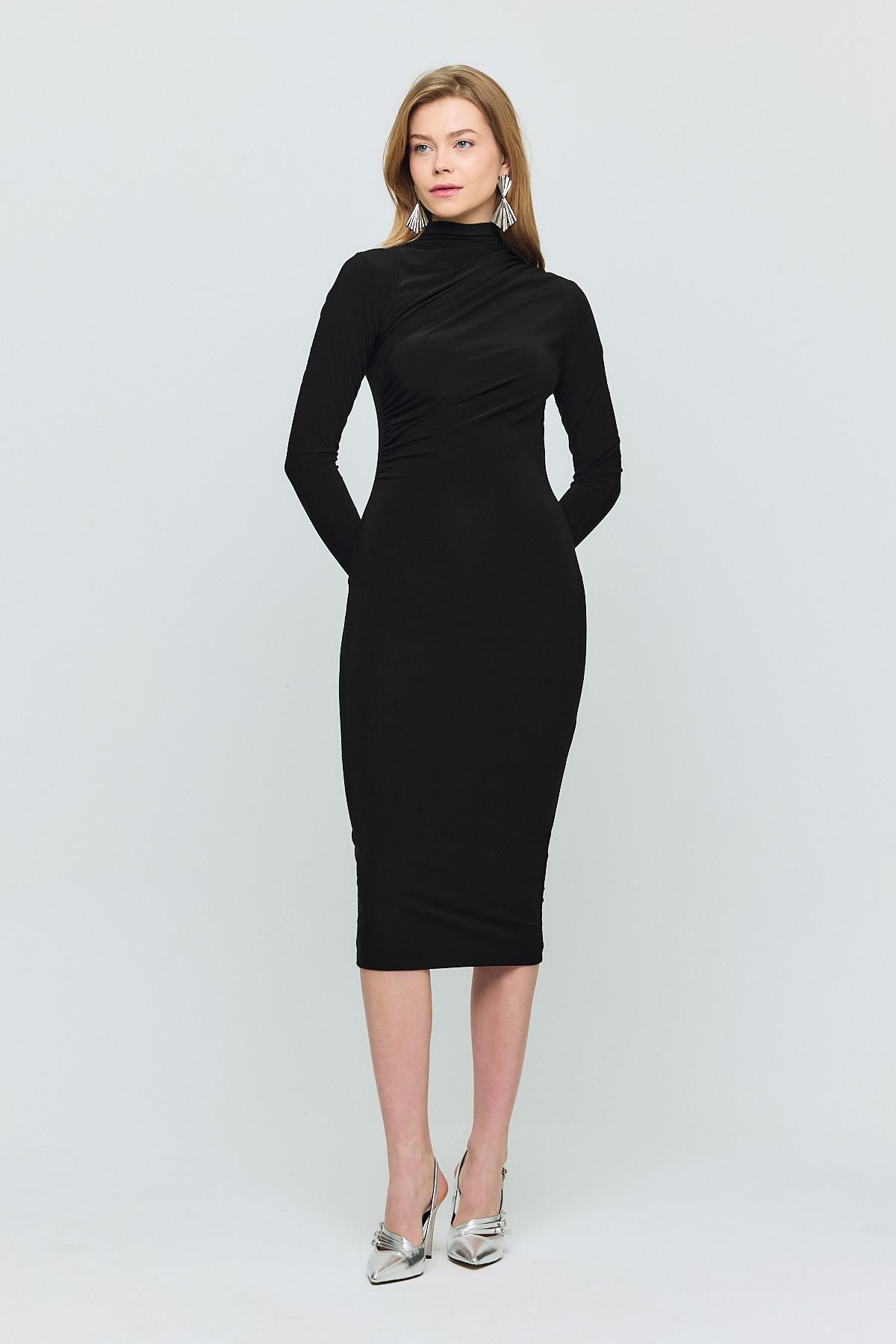 3686 Bel Büzgü Detay Elbise Siyah - 8