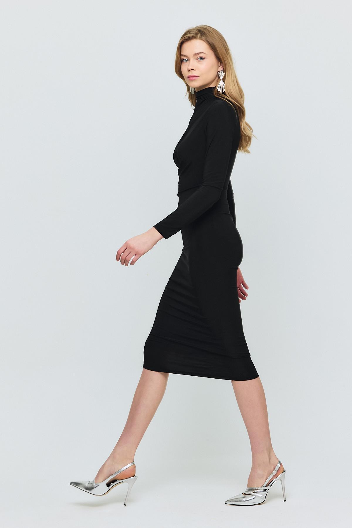 Siyah Bel Büzgü Detay Elbise 3686 - 6