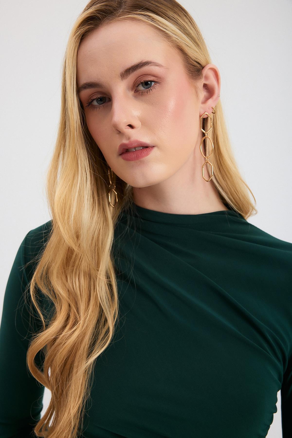 3686 Bel Büzgü Detay Elbise Zümrüt - 4