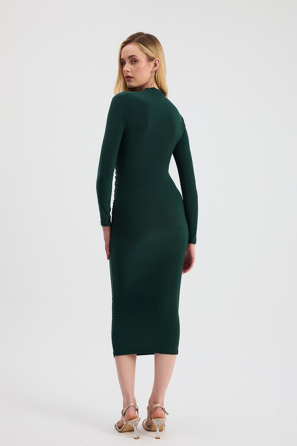 3686 Bel Büzgü Detay Elbise Zümrüt - 5