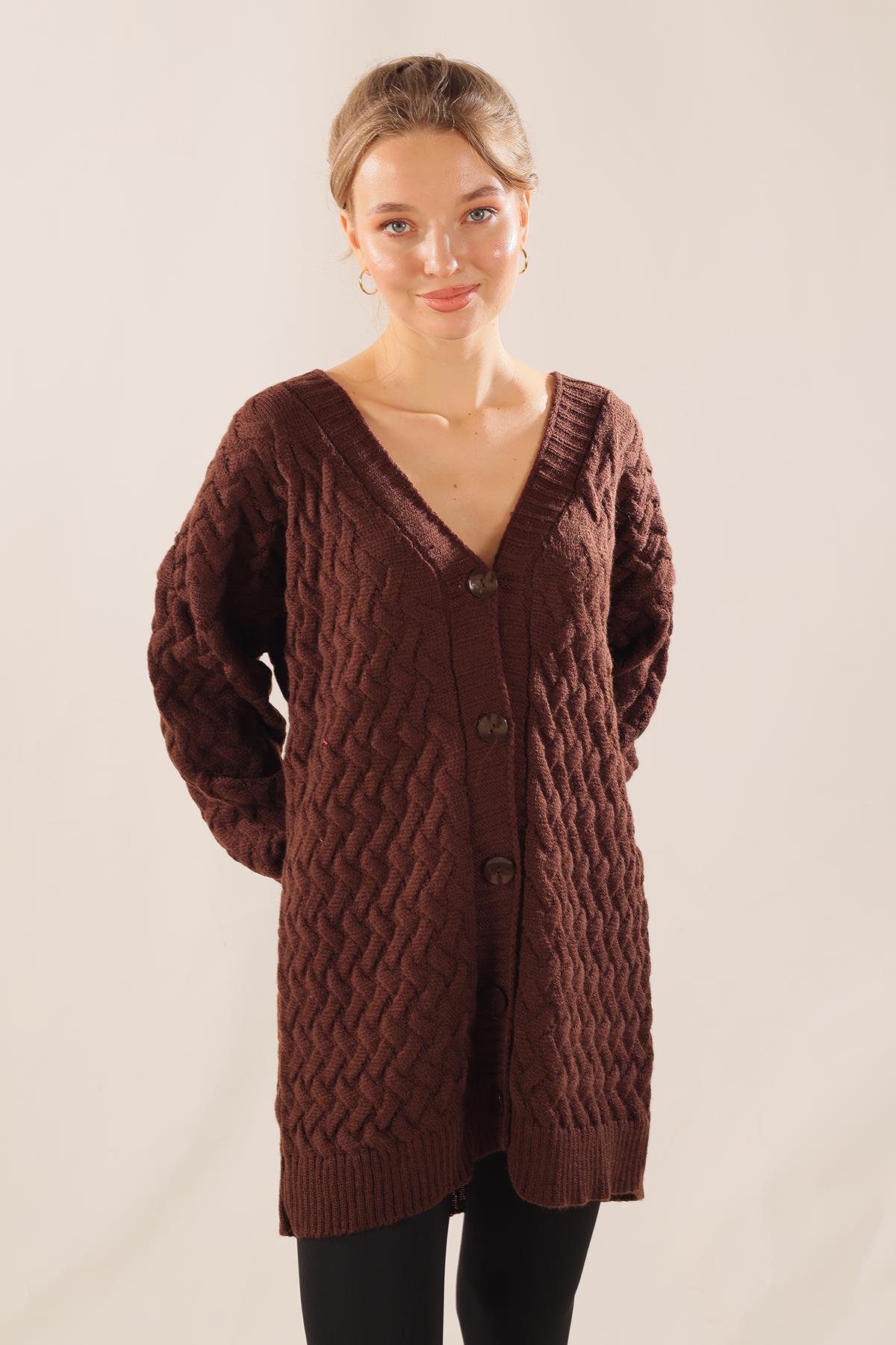 369 Düğmeli Triko Hırka Acı Kahve - 2