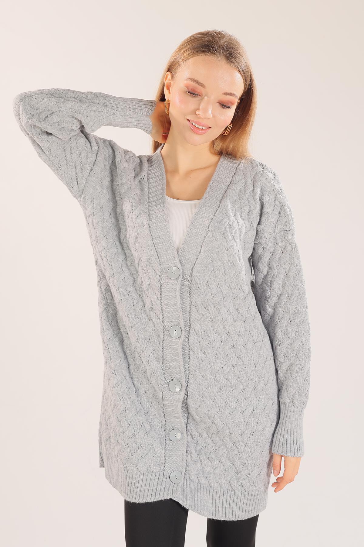 369 Düğmeli Triko Hırka Gri - 1