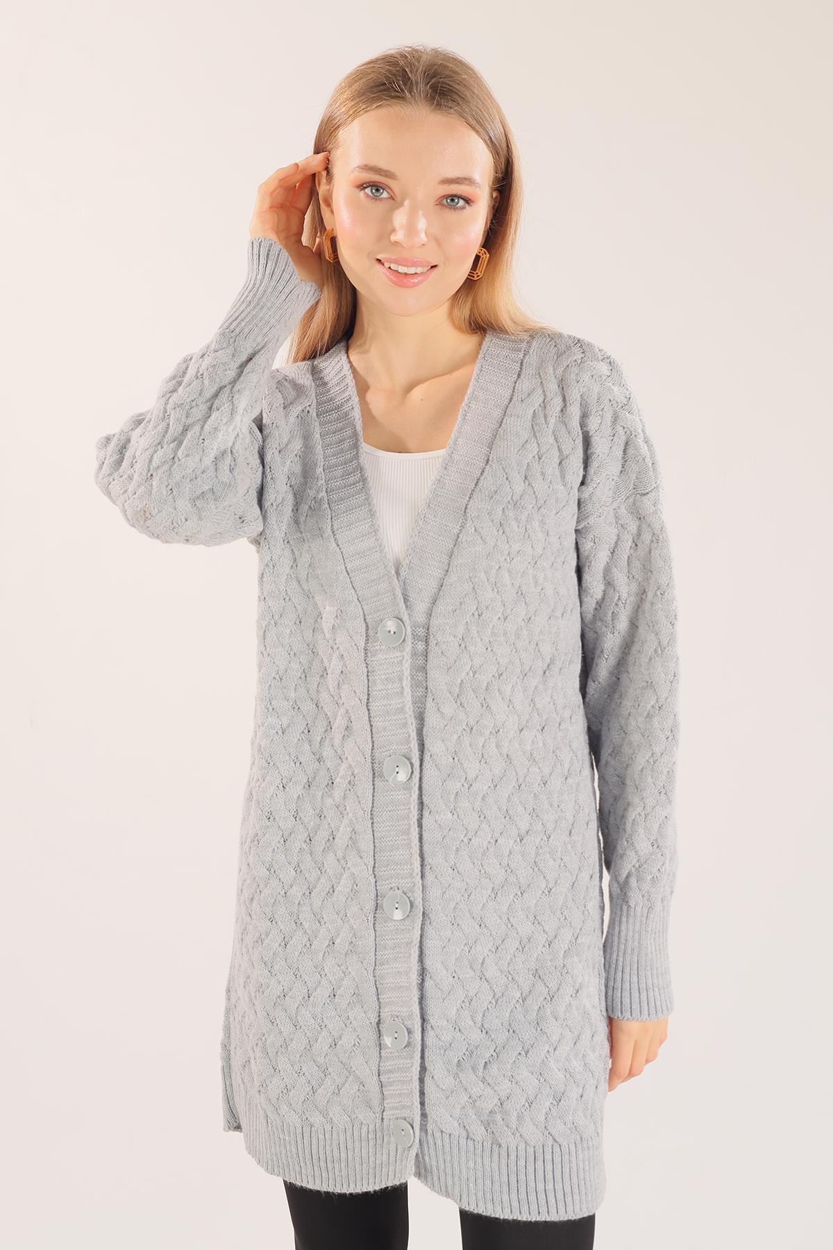 369 Düğmeli Triko Hırka Gri - 4