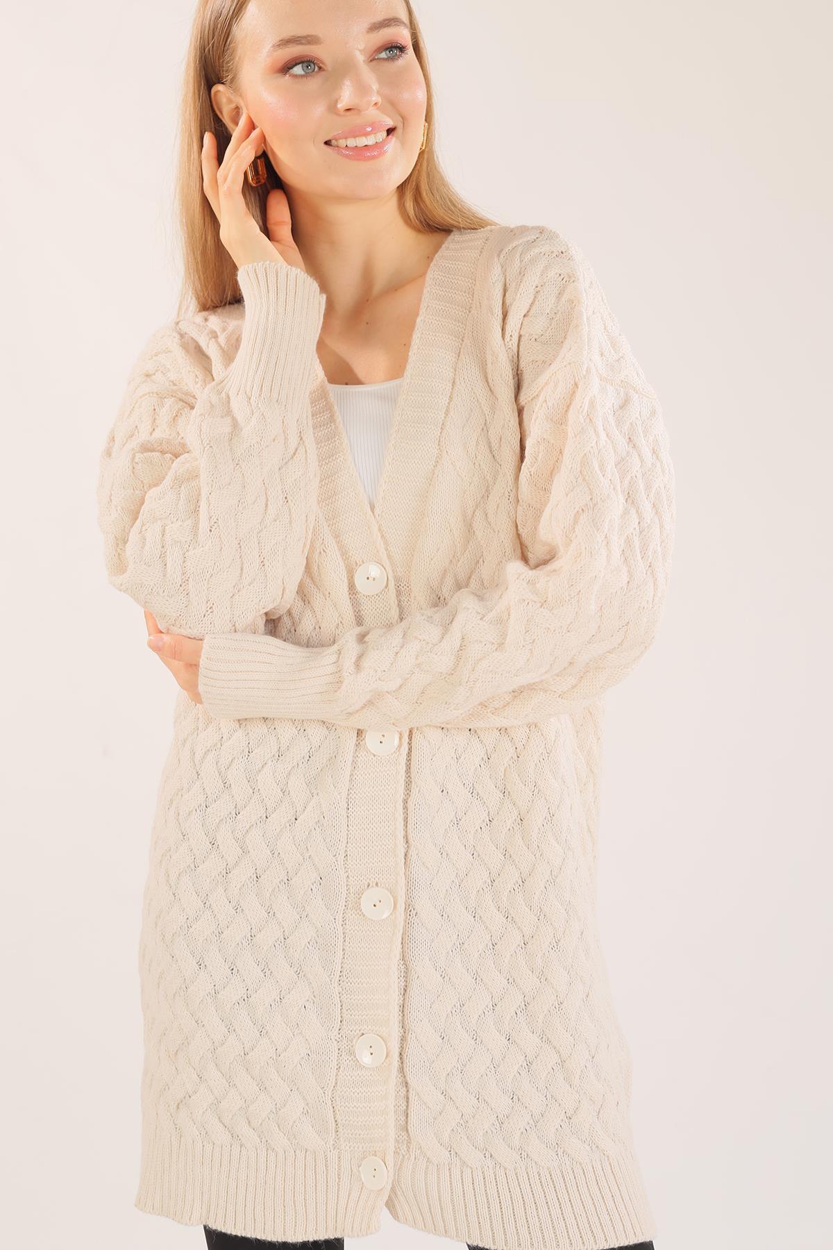 369 Düğmeli Triko Hırka Krem - 3