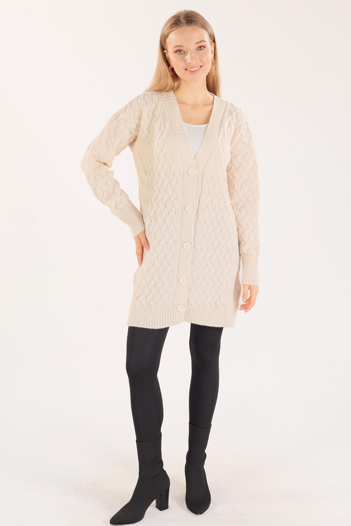 Krem Düğmeli Triko Hırka 369 - 2