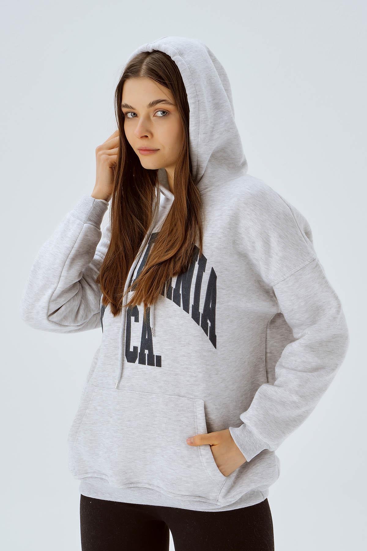 Açık Gri Kapüşonlu Oversize Sweat 3720 - 4