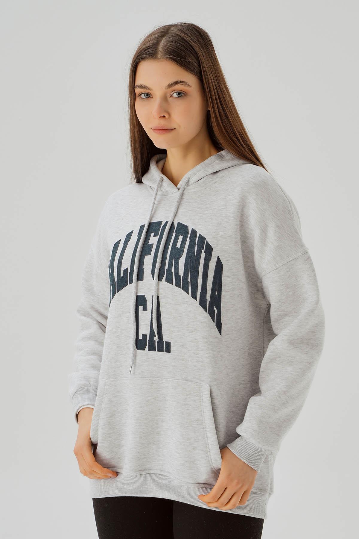 Açık Gri Kapüşonlu Oversize Sweat 3720 - 1